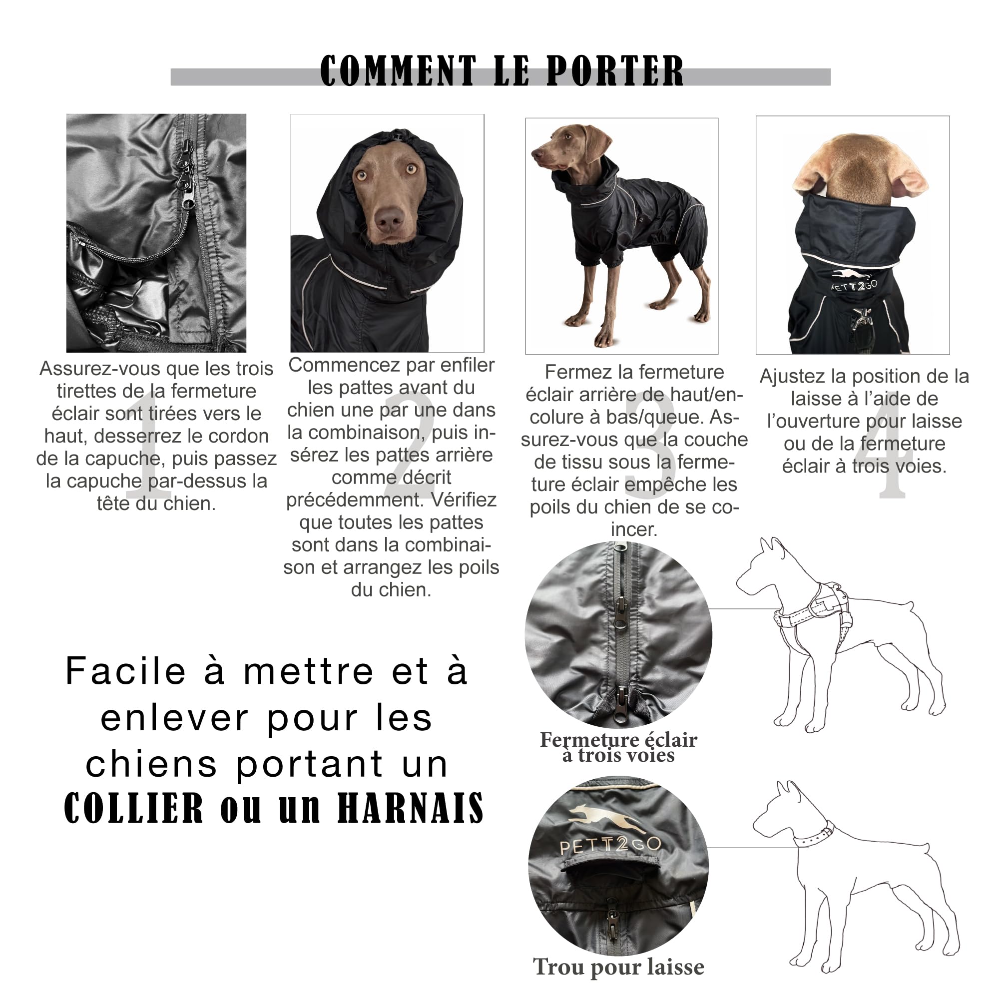 Coupe-Vent Léger pour Chien, Manteau avec Jambes, à Capuche, Trou pour Laisse, Réfléchissant, Compactable (Noir Charbon, M)