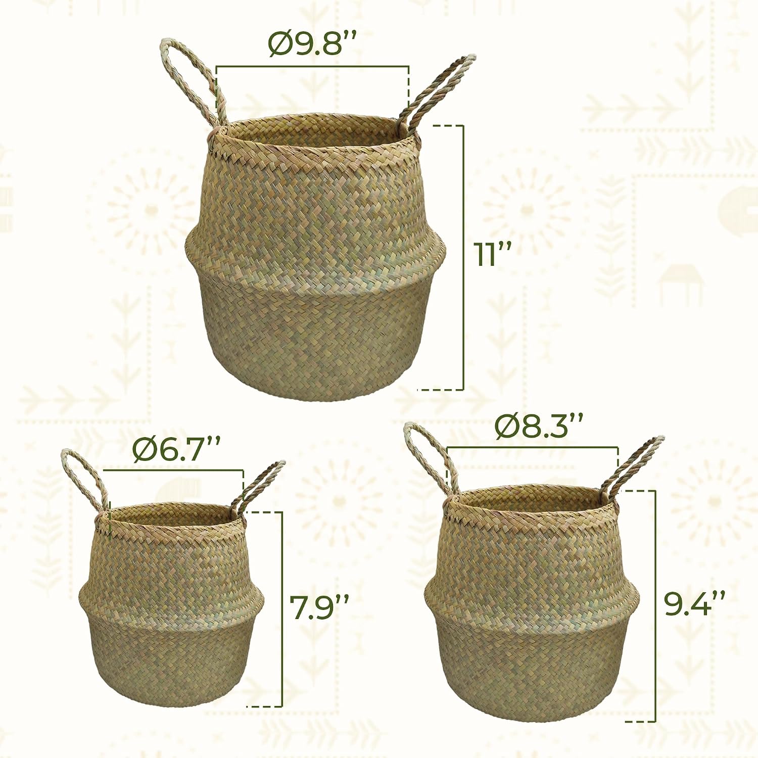 Seagrass Plant Basket Set of 3 with Handles – Handwoven Woven Basket Planter, Indoor Plant Basket & Plant Holder Basket, Natural Fiber Wicker Plant Pot Basket for Boho Farmhouse Home Decor