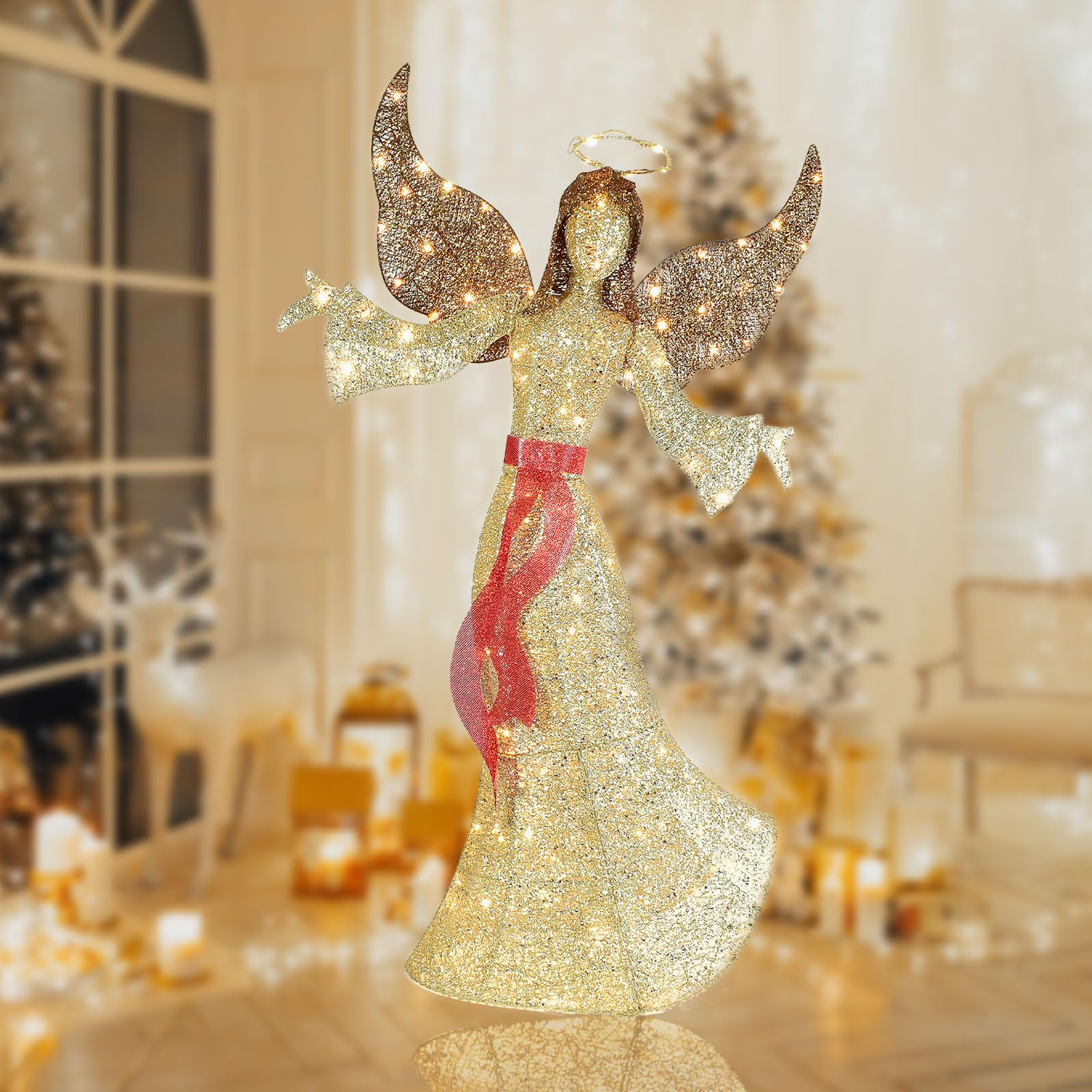 1,52 m Langer Weihnachtsengel für draußen – leuchtender Weihnachtsengel mit 120 LED-Lichtern für draußen – Elegante geflügelte Weihnachtsfigur für den Rasen - Gold