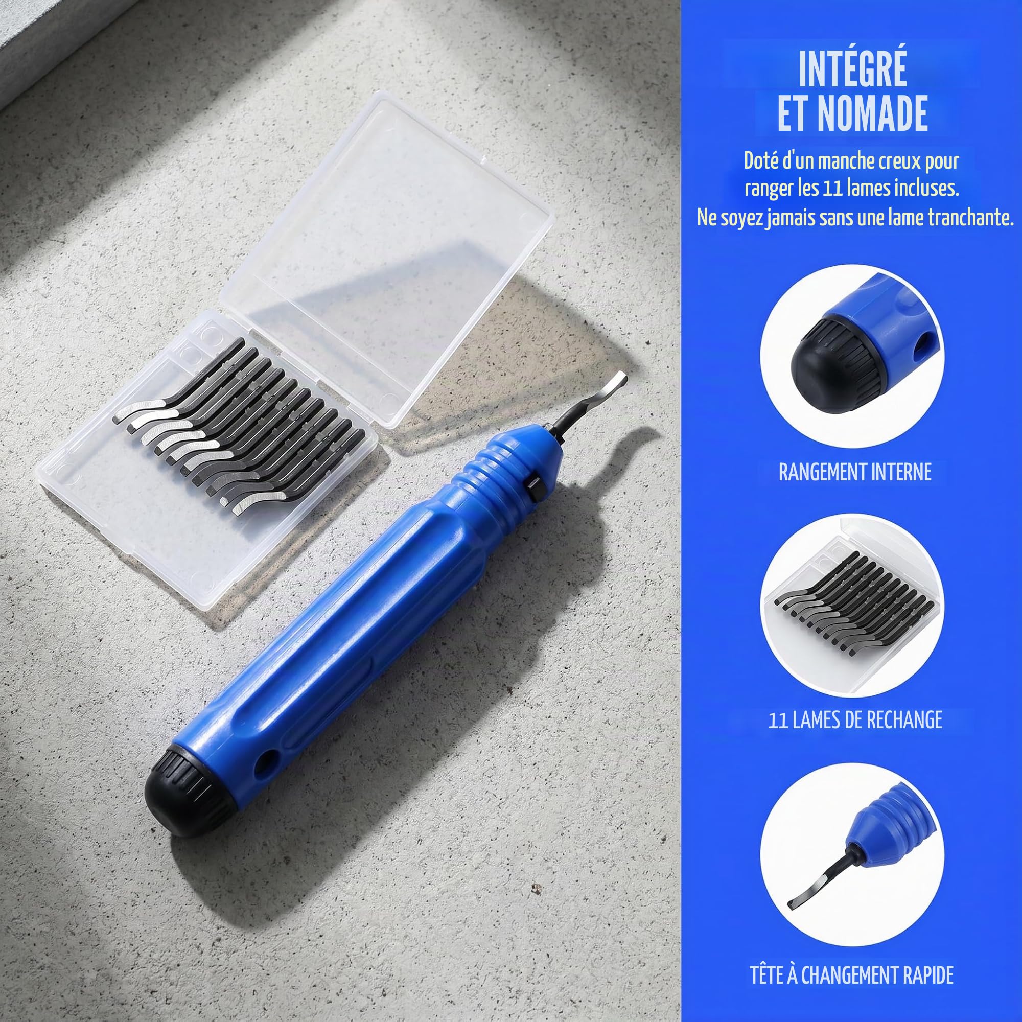 Ebavureur Outil D'ébavurage, Burr Remover avec 11 Lames de Rechange Acier, 360 ° Rotatif Deburr Lames, PratiqueOutil pour Aluminium, l'impression 3D, Cuivre et Acier Métal, Plastique, PVC