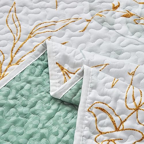 Miniatura 7 de Joyreap Juego de edredón floral California King, 102 x 114 pulgadas, diseño reversible de hojas verdes botánicas sobre blanco, 3 piezas para todas