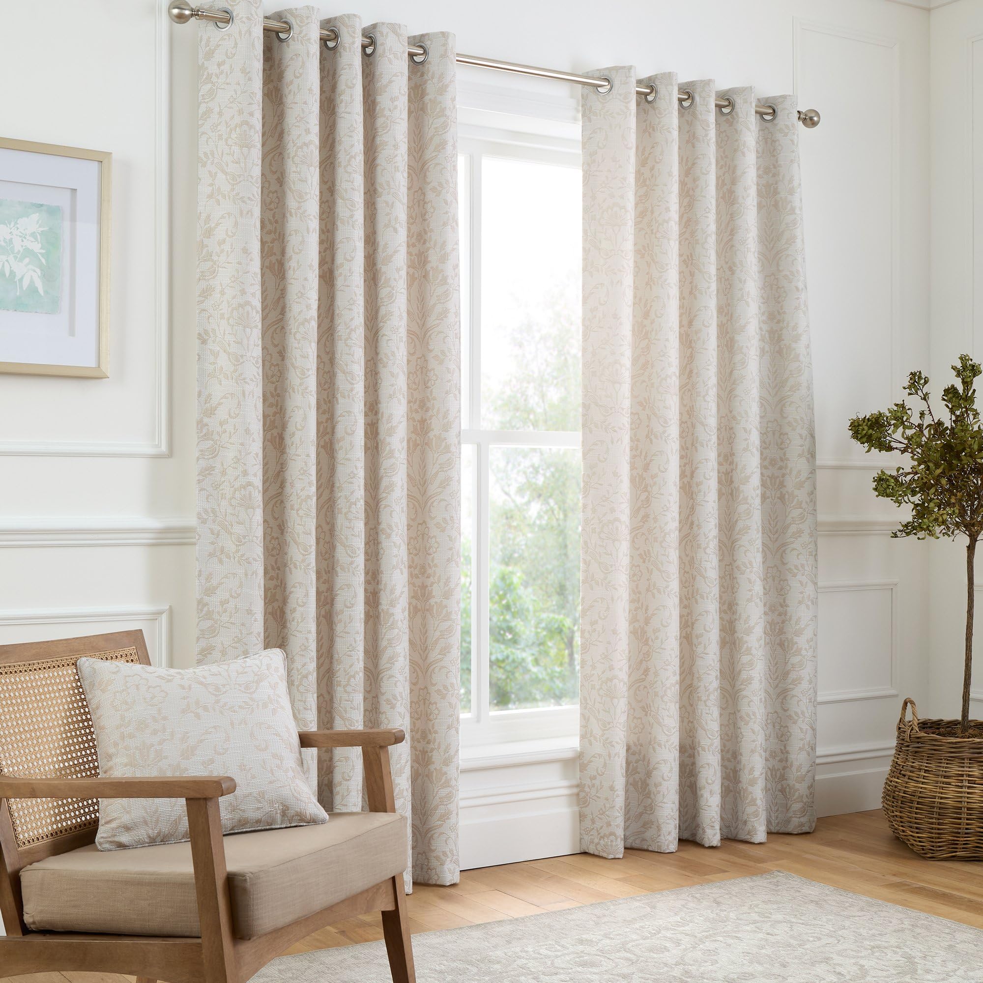 Curtina - Natural Linen Floral & Bird Woven Curtains W66 x L72" (168 x 183cm) - Cream Eyelet Curtains with Flowers - Traditional Curtains & Drapes for Living Room & Bedroom - Jacquard Thermal Curtains