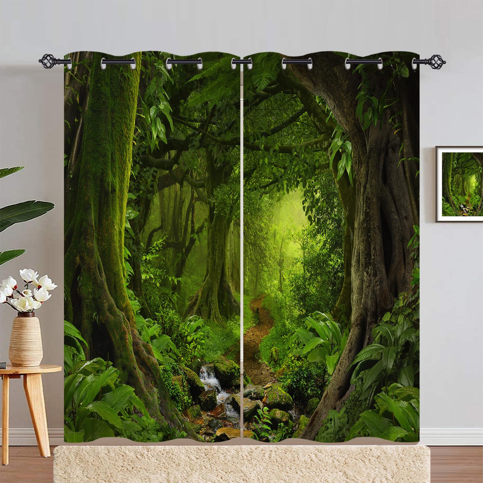 ANHOPE Jungle Curtains Eyelet Soft Thermal Insulated Blackout Curtains Deep Tropical Rainforest Forest Tree Print Pattern Ring Top Drapes for Bedroom Living Room 55 x 90 Inch Drop 2 Panels โ image 1