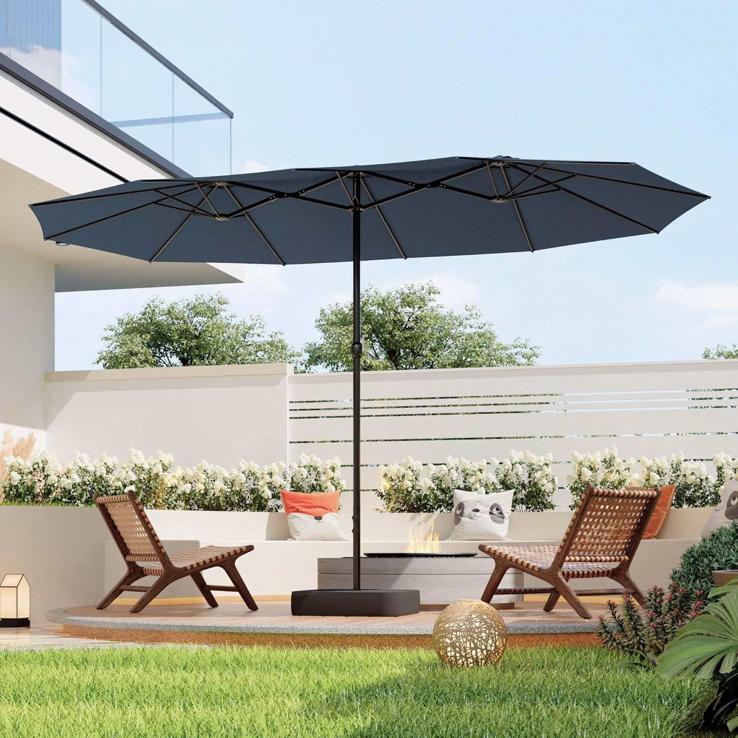 15FT Large Outdoor Patio Umbrella, Rectangular Table Sun Parasol Umbrella with Base, Crank, Steel Ribs and Pole for Garden, Backyard,Sand, Pool