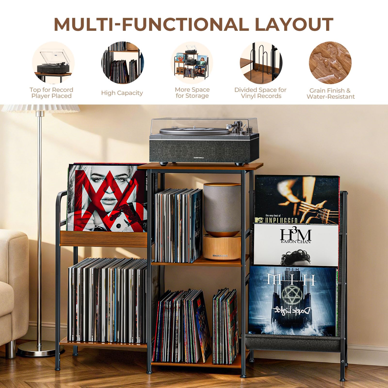 Qlearsoul Meuble Platine Vinyle avec Rangement, Support pour Tourne-Disque à 3 Niveaux avec Présentoir Vinyles, Meuble Vinyle pour Salon