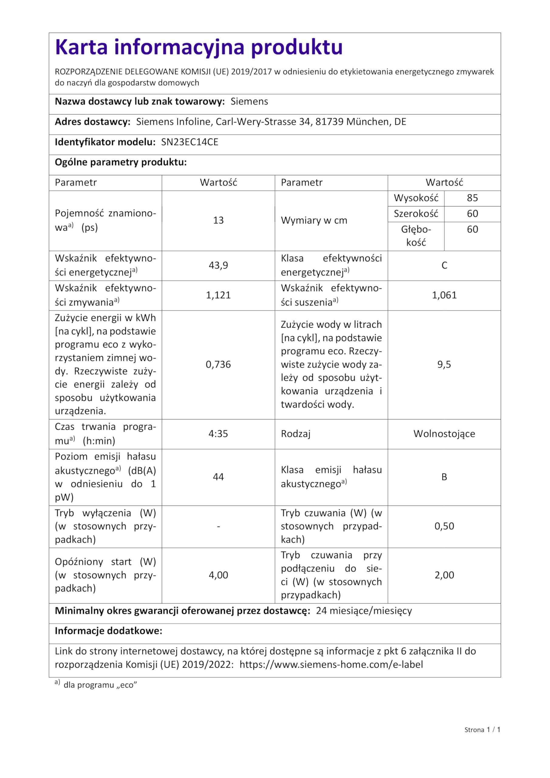Siemens SN23EC14CE iQ300 zmywarka wolnostojąca/C / 74 kWh / 13 MGD/Smart Home kompatybilna z Home Connect/varioSpeed Plus/szuflada Vario