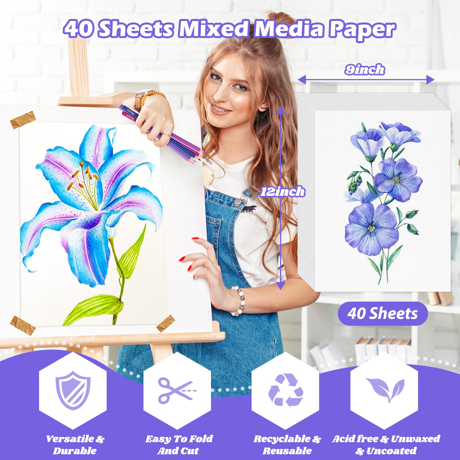 Papier mieszany, 23 x 30 cm, 40 arkuszy (44,5 kg/160 g/m²), wielofunkcyjny, ciężki, luźny papier do rysowania, szkicownika, gwaszu, malowania, szkicownika, książki do rysowania, szkoły