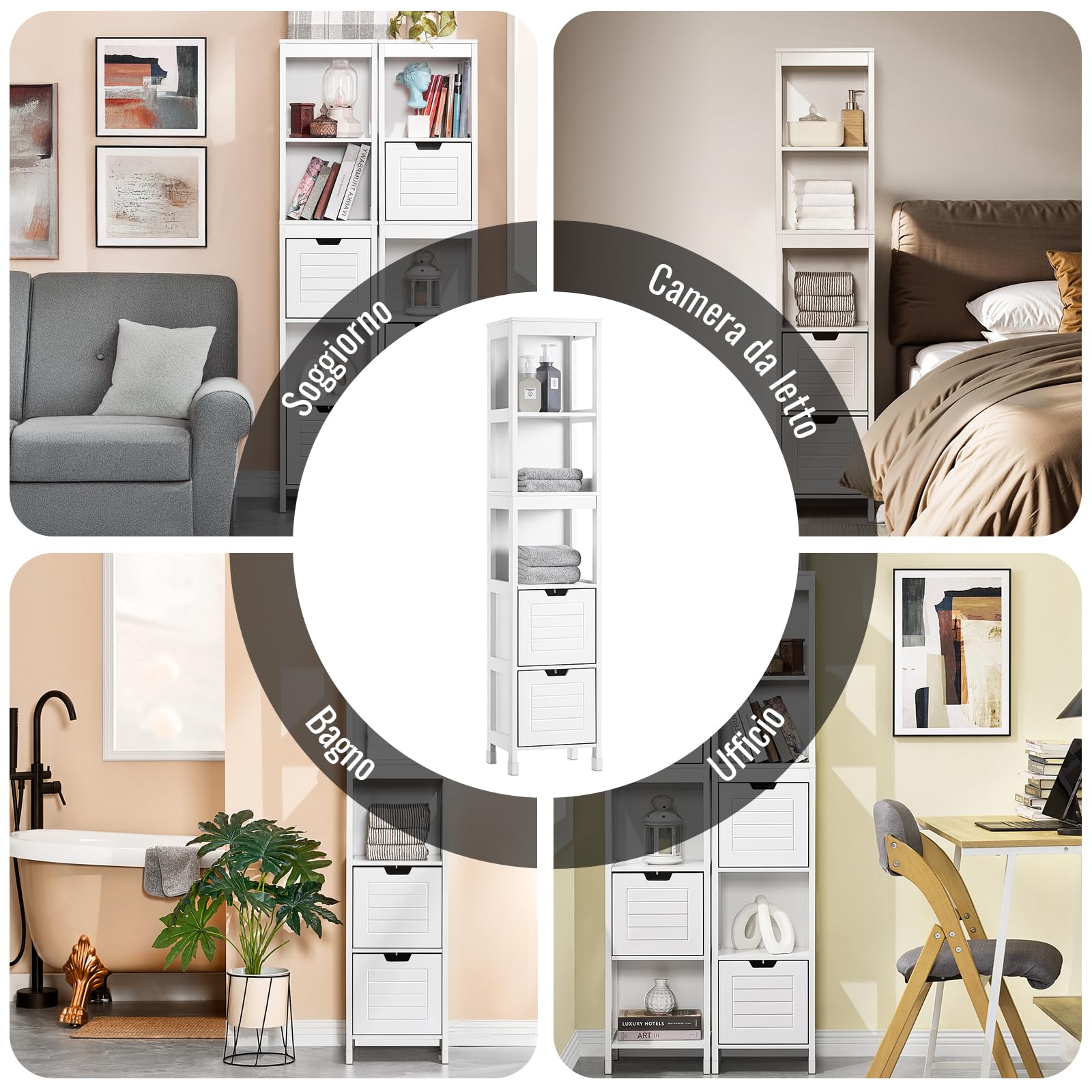SoBuy Mobile Bagno Colonna Slim Salvaspazio Ripiani Regolabili 30x30x144cm | Armadietto Verticale Moderno Anti-Umidità per Bagno, Lavanderia e Cucina, Bianco, FRG126-W