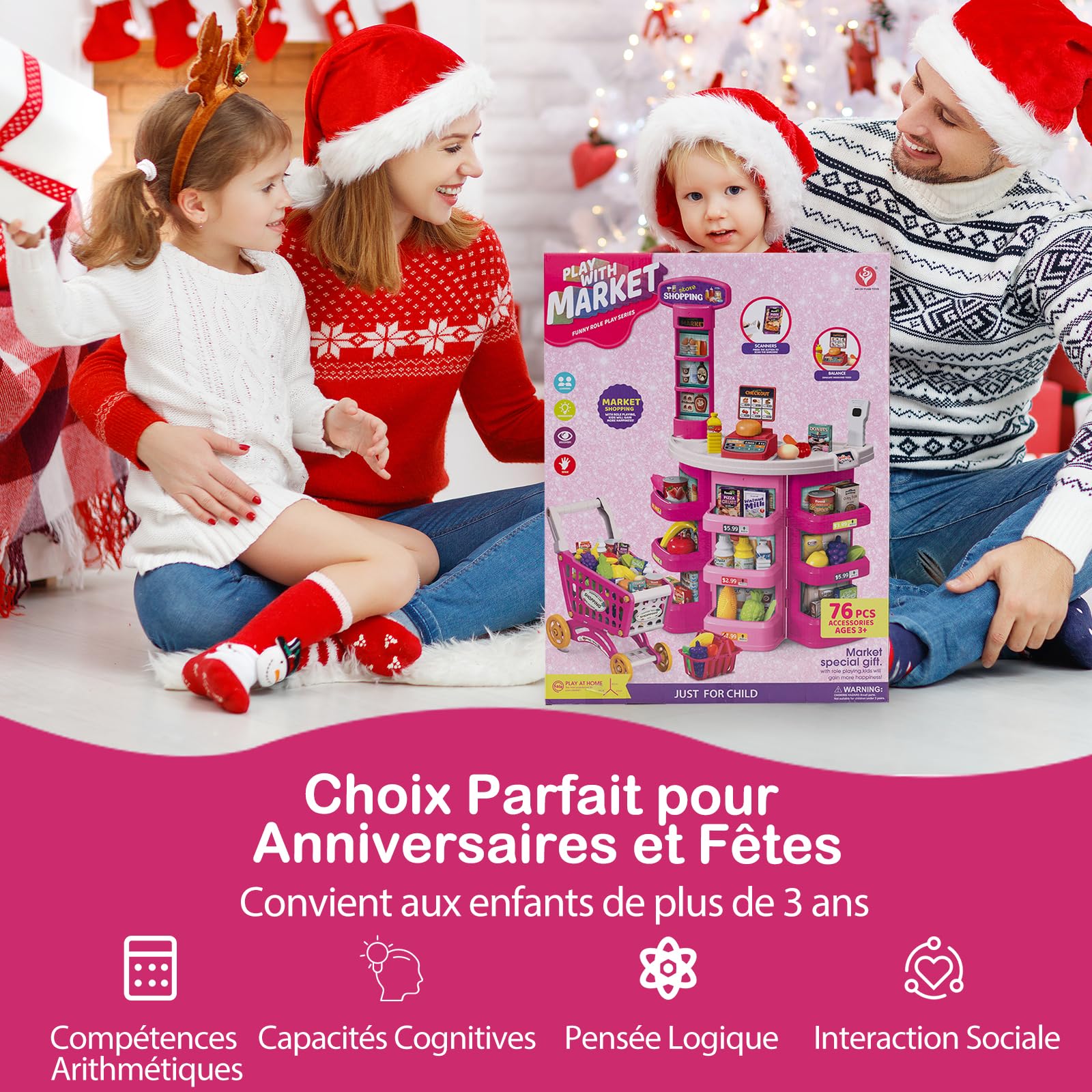 COSTWAY 29 PCS Marchande Enfants avec Chariot de Courses & Scanner avec Lumière et Son, Supermarché Enfant avec Étagères, Caisse & Balance, pour Garçons Filles 3+ Ans (Rose)