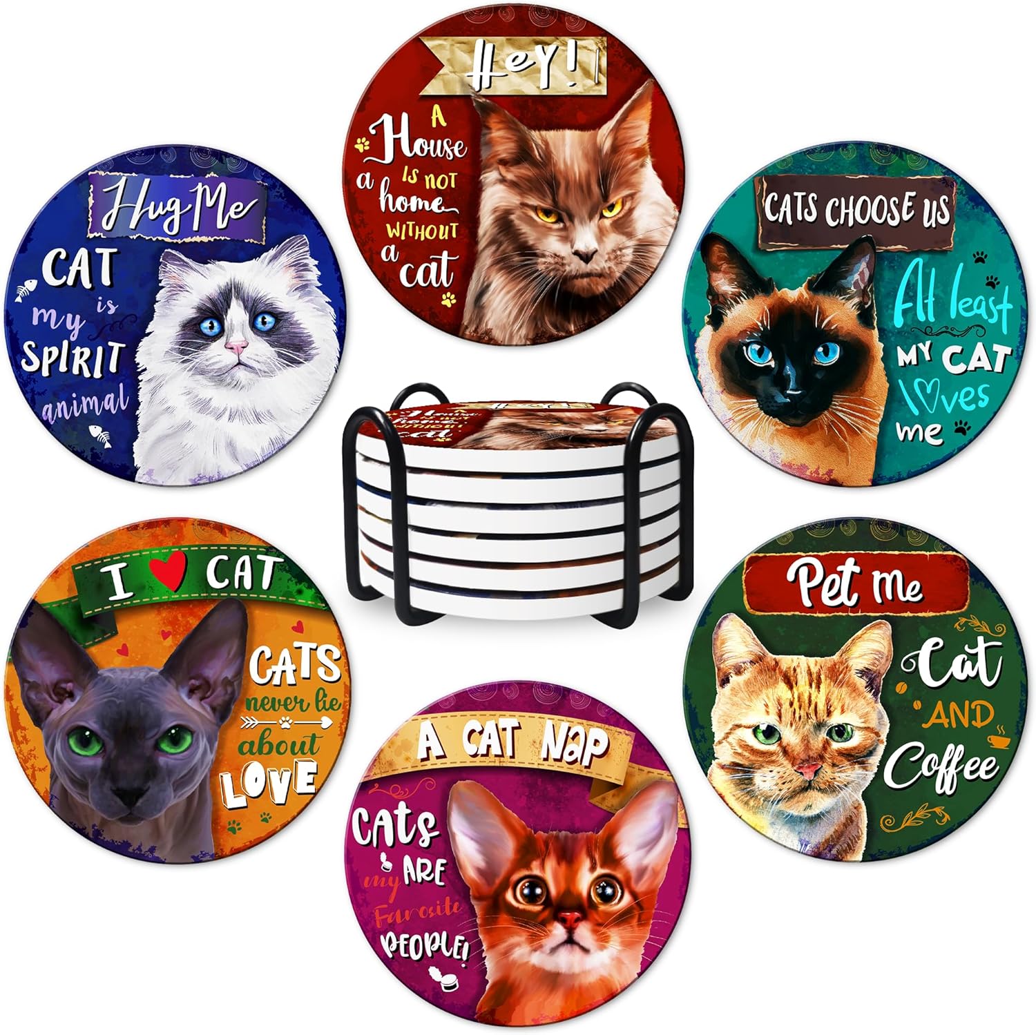Cute Cat Coasters Set of 6 Absorbent Ceramic Drink Coasters with Holder, Stylish