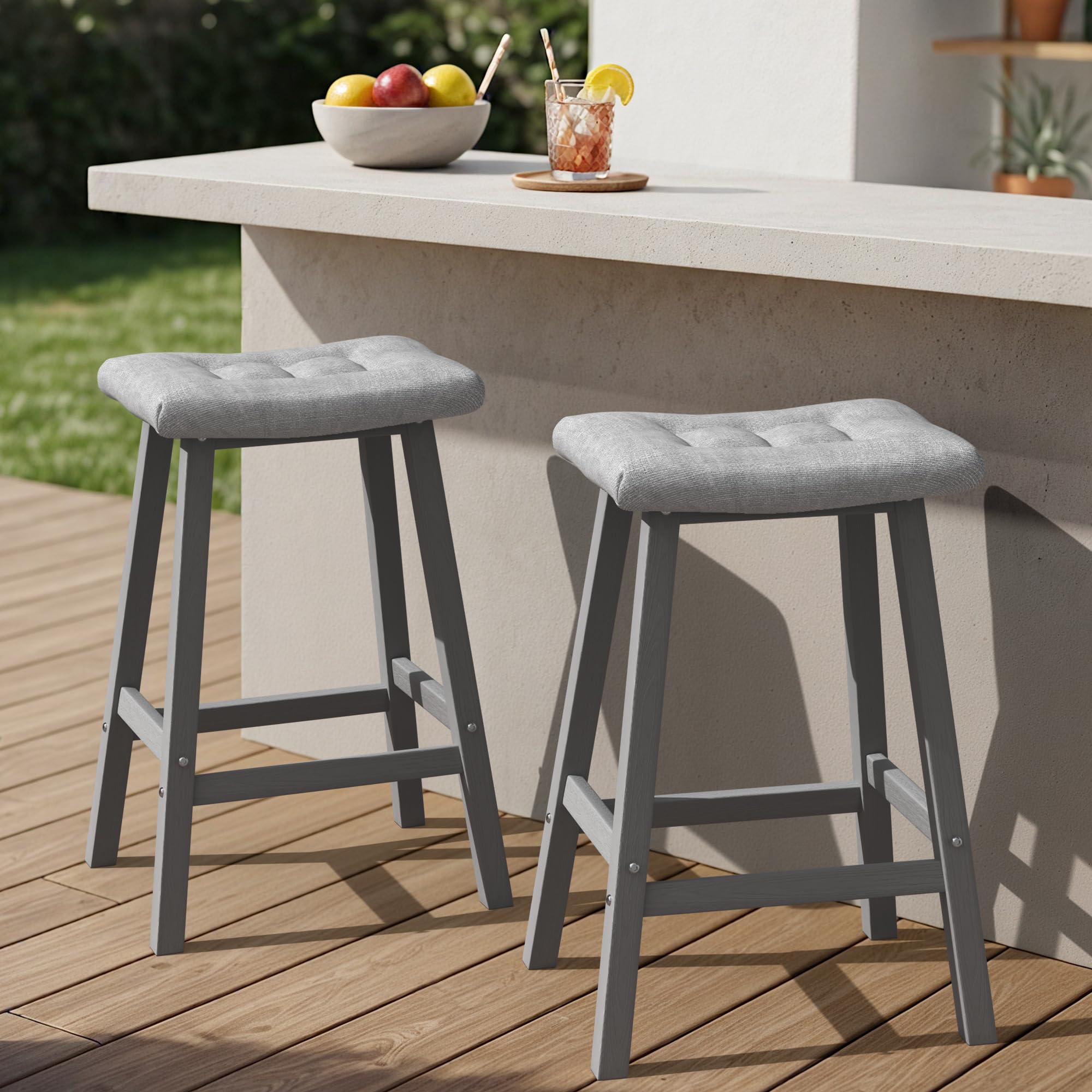 Ciokea 2 Set 29" Outdoor Bar Stools with Cushions, Heavy Duty HDPE Outdoor Stools Weatherproof Waterproof Patio Seats Modern Bar Height Tall BarStools for Bar Deck Balcony Kitchen Yard, Grey