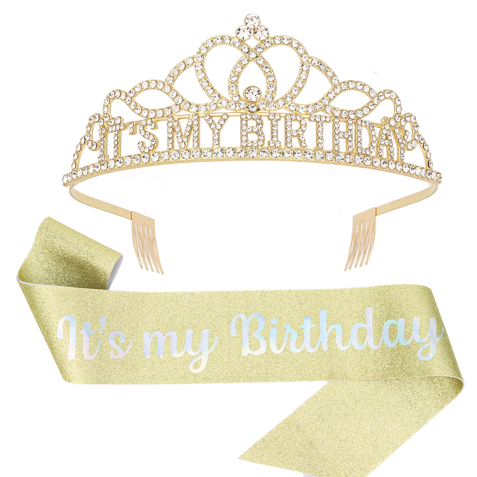 Padorul It’s my Birthday Gold Diamond Crown & Sash Set, Rhinestone Gold Princess Tiara Headband with Comb & Sparkle Sash Set for Birthday Party Queen Princess Decoration