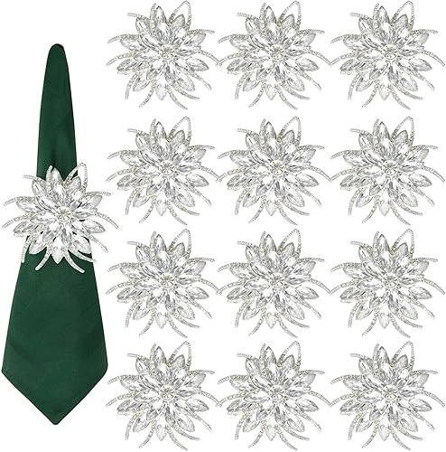 Juego de 12 servilleteros brillantes plateados elegantes servilletas de diamantes decoración de anillos regalos para bodas cenas banquetes