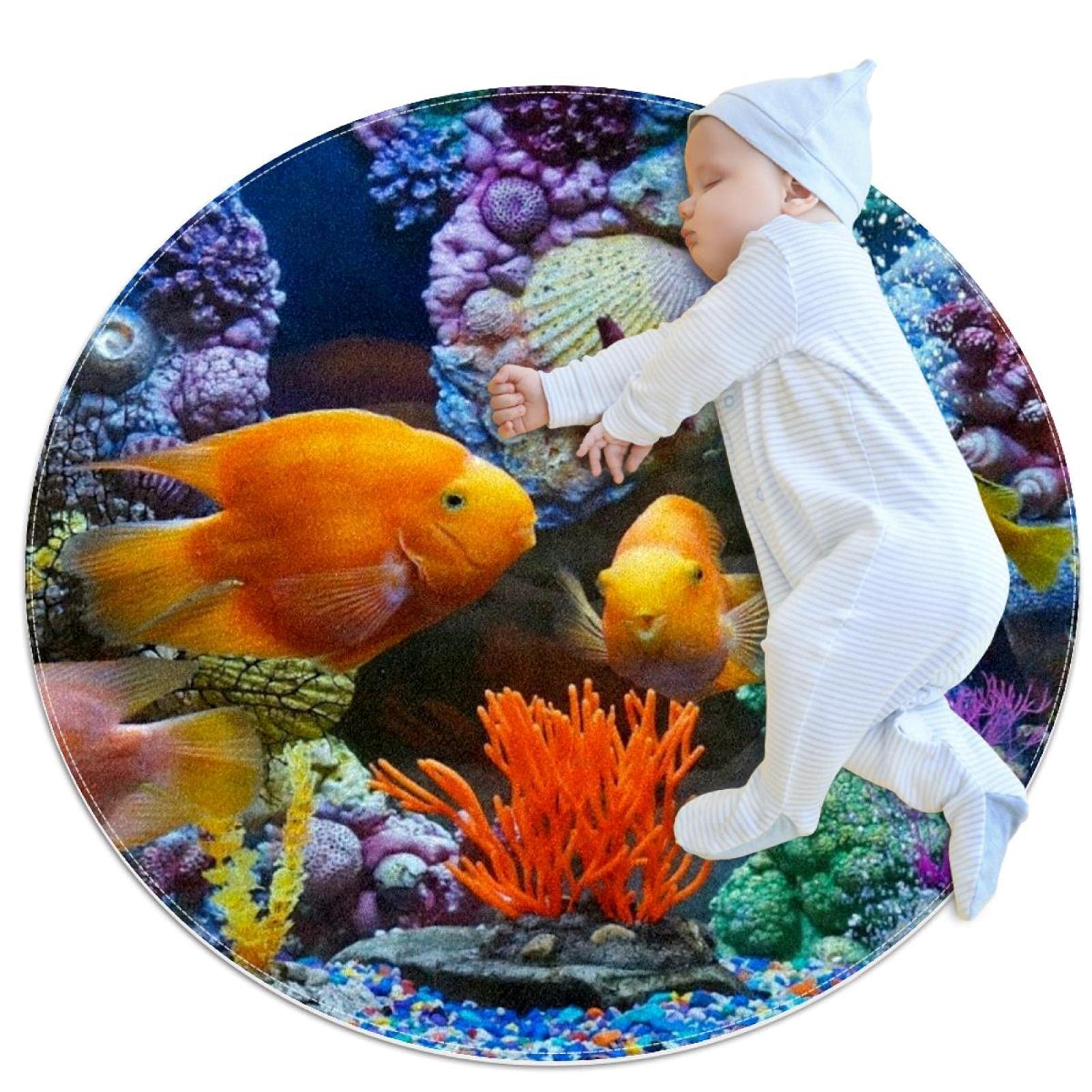 Tapis de jeu rond Monde sous-Marin pour enfants et bébés - Tapis poissons de mer 80x80cm