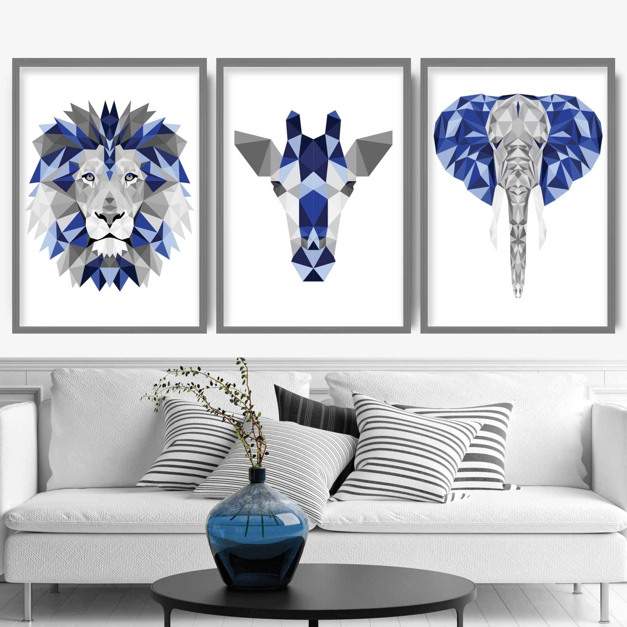 Artze Wall Art Geometric Jungle Heads Giraffe Lion Elephant Art Prints 3-Piece Set, 21 cm Width x 30 cm Height, Blue/Grey