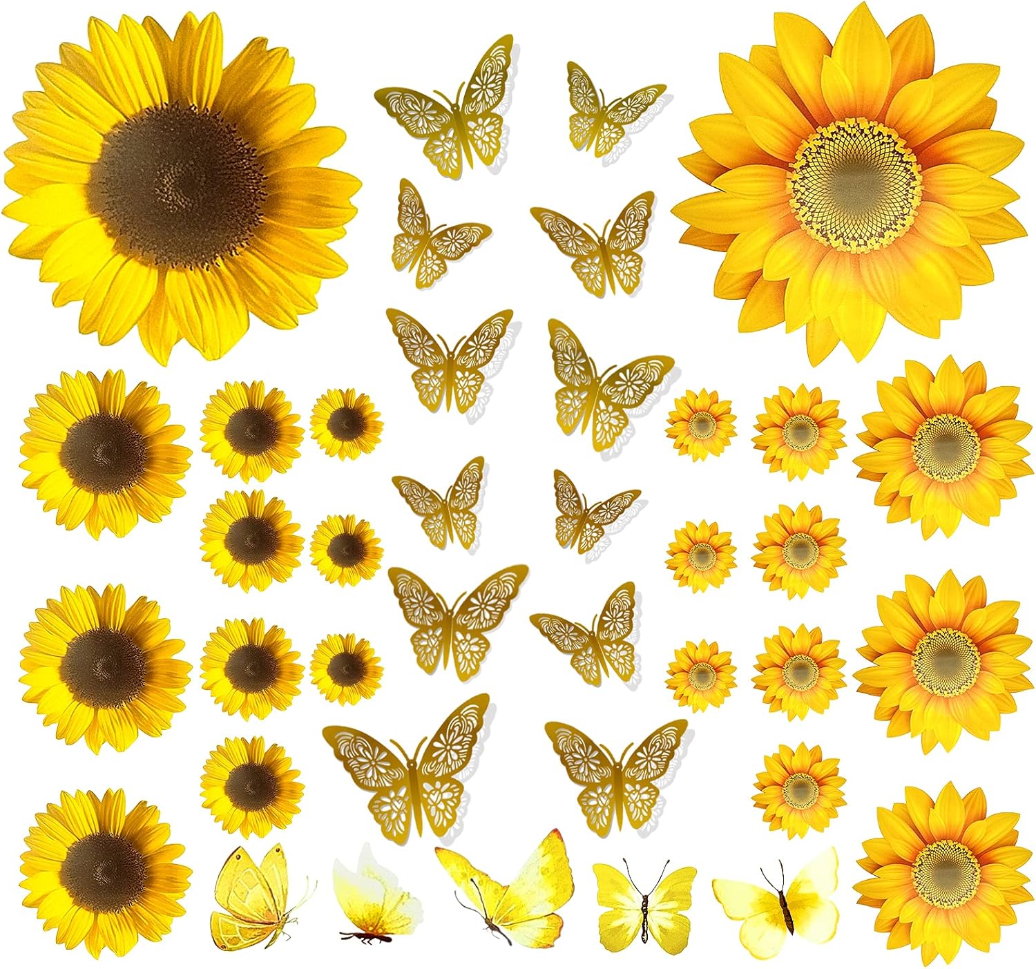 39PCS Sunflower Wall Stickers & 3D Gold Butterfly Wall Stickers,Peel and Stick Yellow Sunflower Wall Decor,Removable Waterproof Wall Decals for Living Room Bathroom Bedroom Decoration