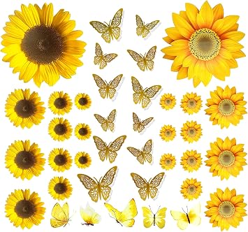 39PCS Sunflower Wall Stickers & 3D Gold Butterfly Wall Stickers,Peel and Stick Yellow Sunflower Wall Decor,Removable Waterproof Wall Decals for Living Room Bathroom Bedroom Decoration