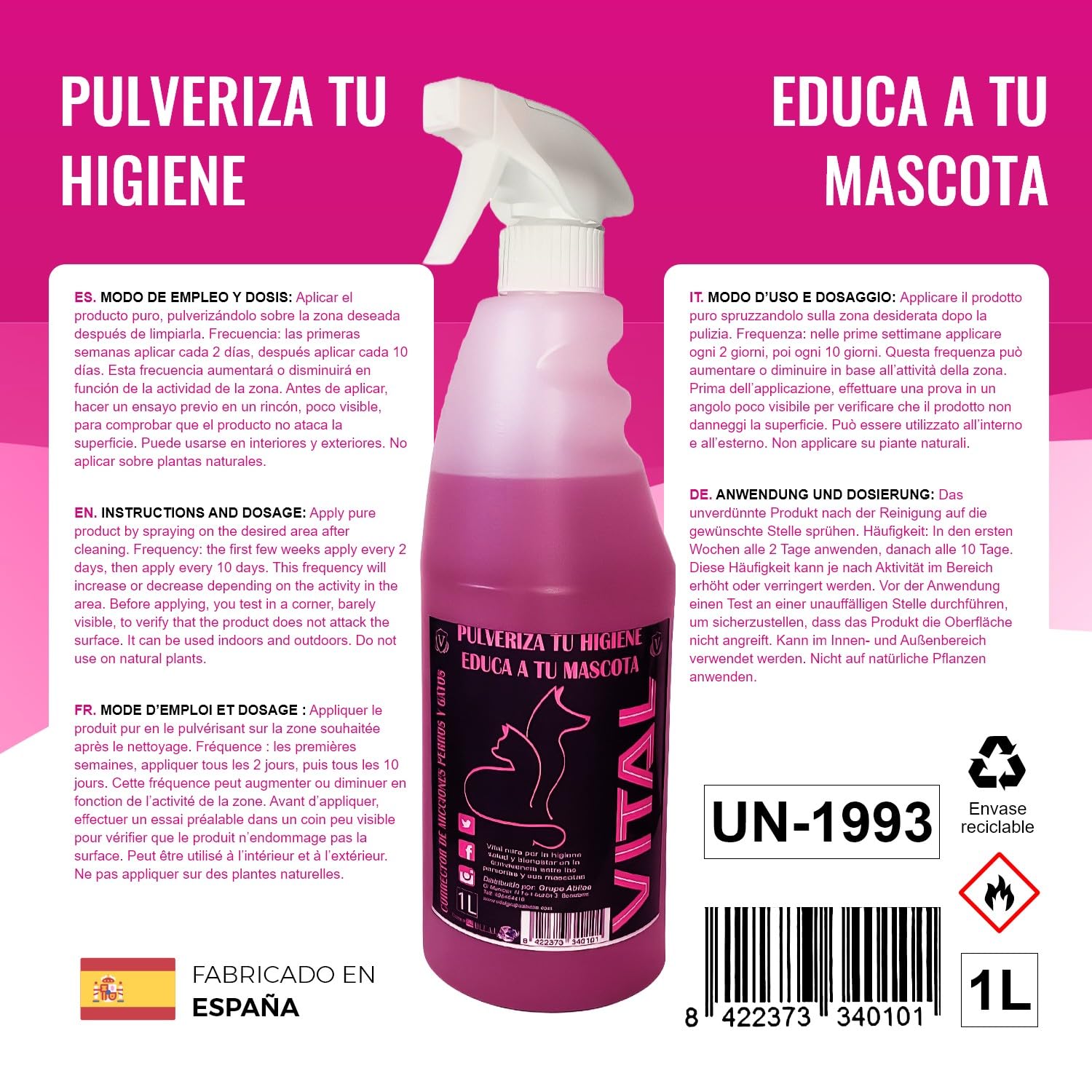 Vital Correttore di minzioni per cani e gatti 1000 ml - Eliminatore di odori e tracce di urina - Aiuto per l'addestramento degli animali domestici - Uso interno ed esterno - Efficace