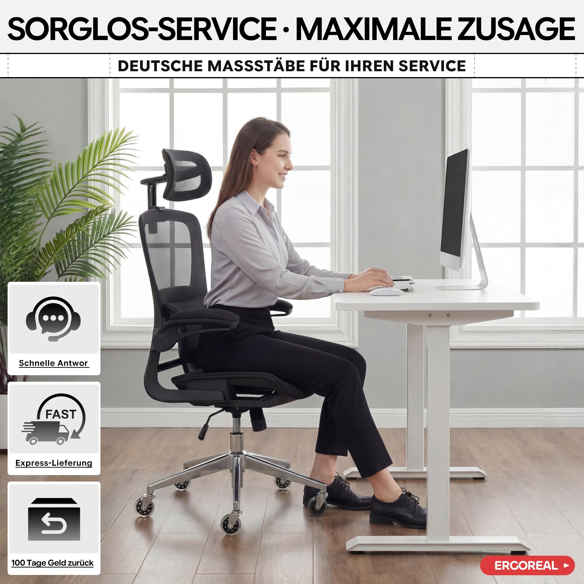 Schreibtischstuhl Ergonomischer Bürostuhl mit 150kg Tragkraft, verstellbaren Armlehnen, dynamischer Lendenstütze, Wippfunktion – Büro&Gaming Stuhl für Homeoffice, atmungsaktives Mesh,Schwarz