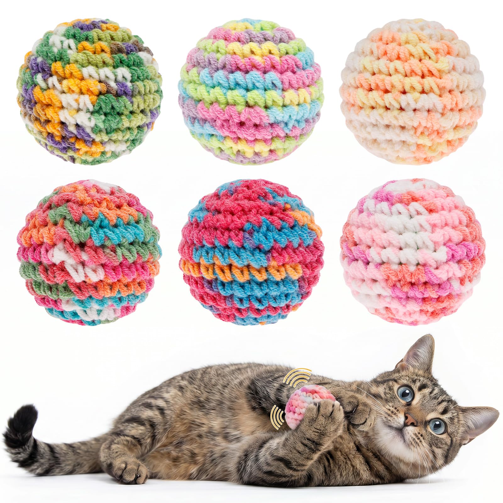 6 Pcs Cat Ball Toy with Bell, 5cm Colorful Hand-Knitted Plush Cat Toys, Interactive Indoor Cats Chew Toys for Kitten, Soft Yarn Pet Pom Pom Balls for Playing, Chasing, Teeth Grinding, Chewing,Training