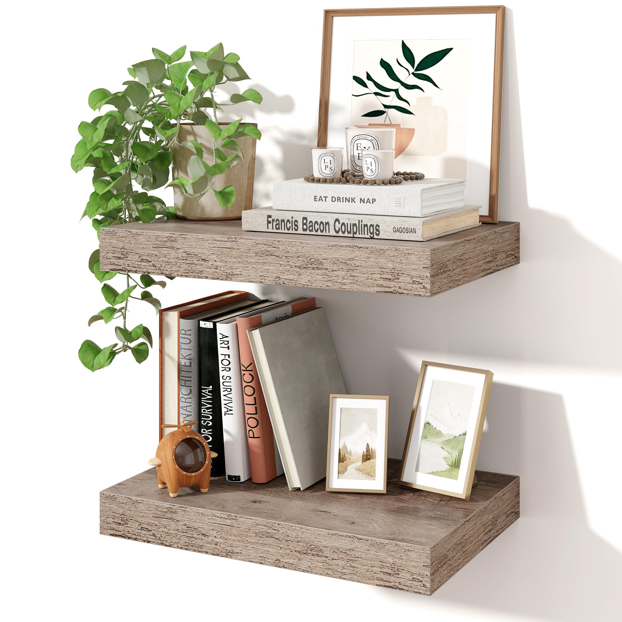 Axeman 16Inch Floating Shelves for Wall, 2 Pack Shelves for Bedroom, Bathroom, Kitchen, Hanging Wall Mounted Rustic Wood Shelf with Invisible Brackets for Books Decor, Grey โ image 1