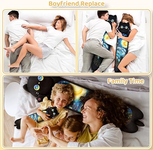 Miniatura 4 de Almohada larga de felpa de gato, 44 pulgadas, lindo gato negro de peluche Kawaii, ojos grandes de estrella, juguetes de peluche, regalo para niñas