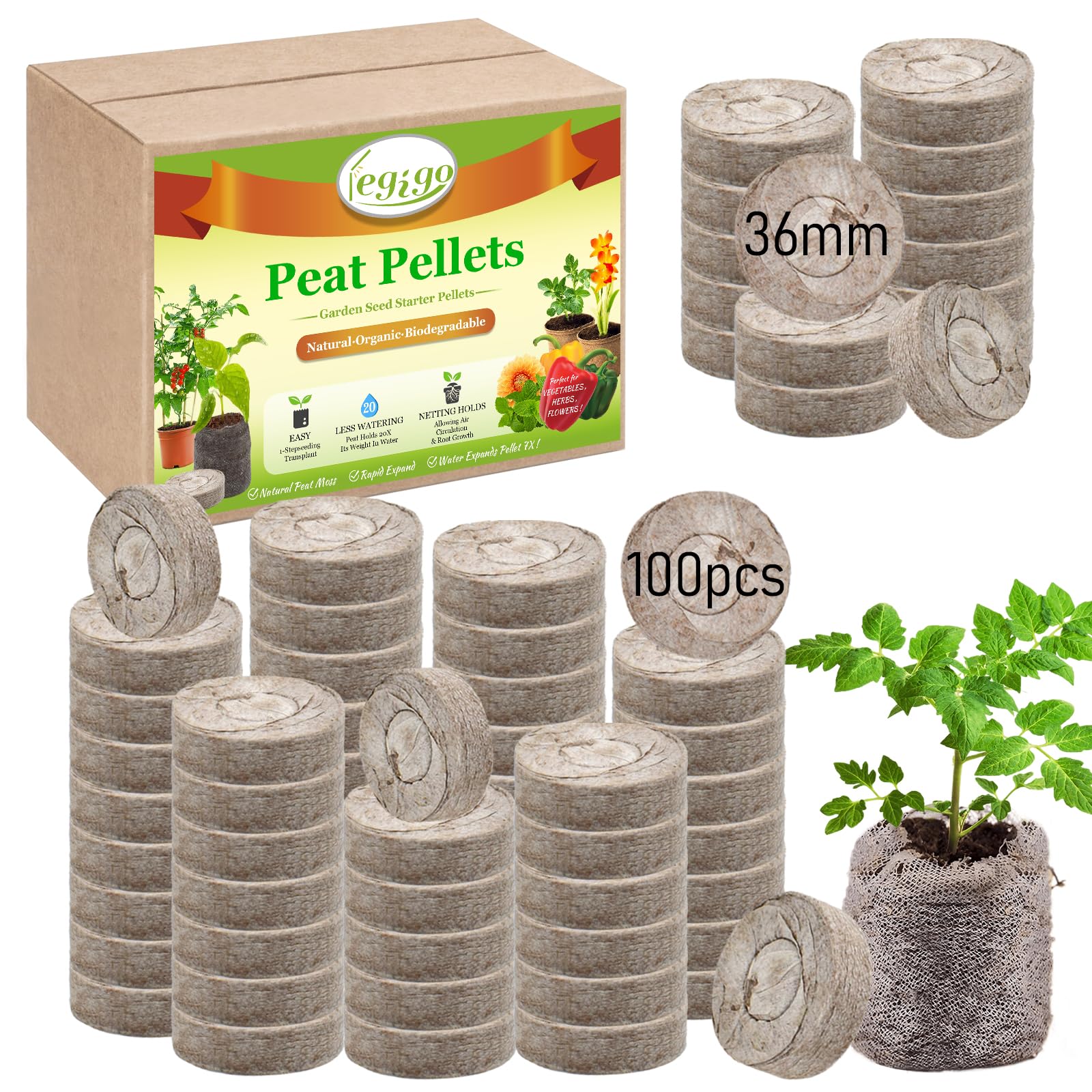 Legigo 100 Pcs 36mm Seed Starter Peat Pellets Pods for Seedlings- Compressed Seed Starting Pellets Seed Starter Pods Plugs Soil Peat Pods for Starting Seeds, Garden Planting Herb Flower Vegetables