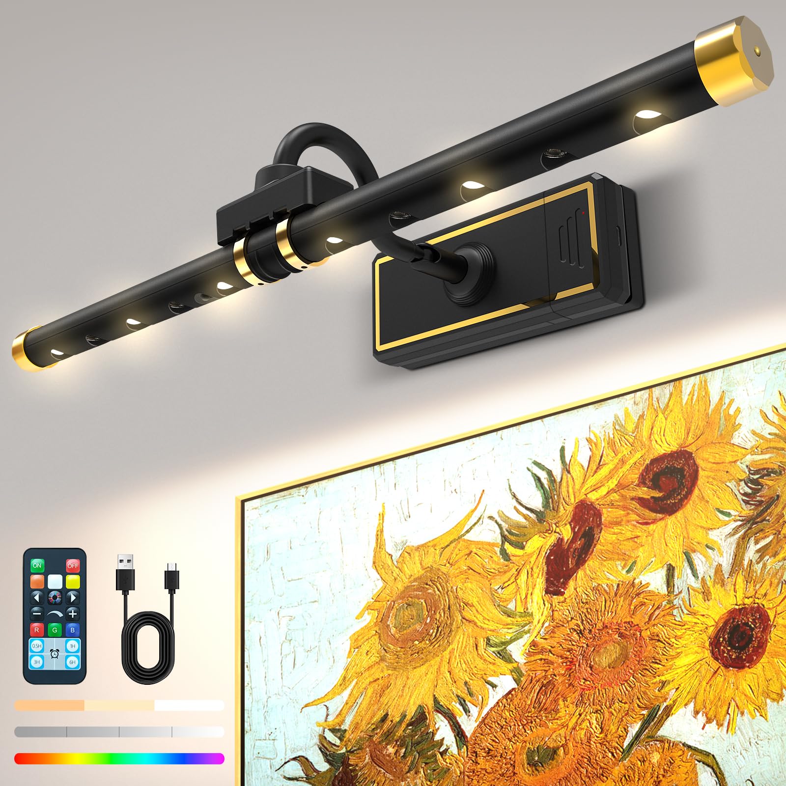 Luz Inalámbrica para Cuadros con Control Remoto, Cabezal de Luz LED Giratorio 4 Modos 9 Colores con Temporizador, Luz de Pared Regulable para Obras de Arte, 400 LM 16 Pulgadas