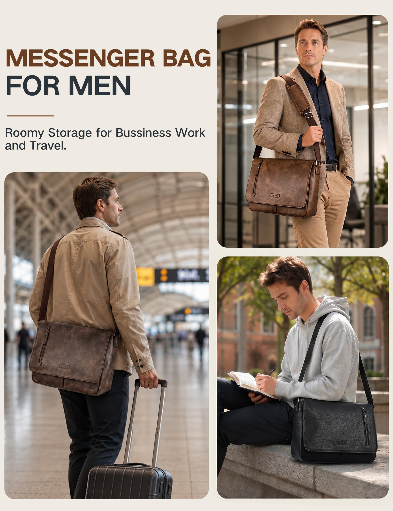 VX VONXURY Umhängetasche Herren und Damen, Vegan Leder 14 Zoll Laptoptasche Messenger Bag Arbeitstasche für Arbeit Schule(Braun)