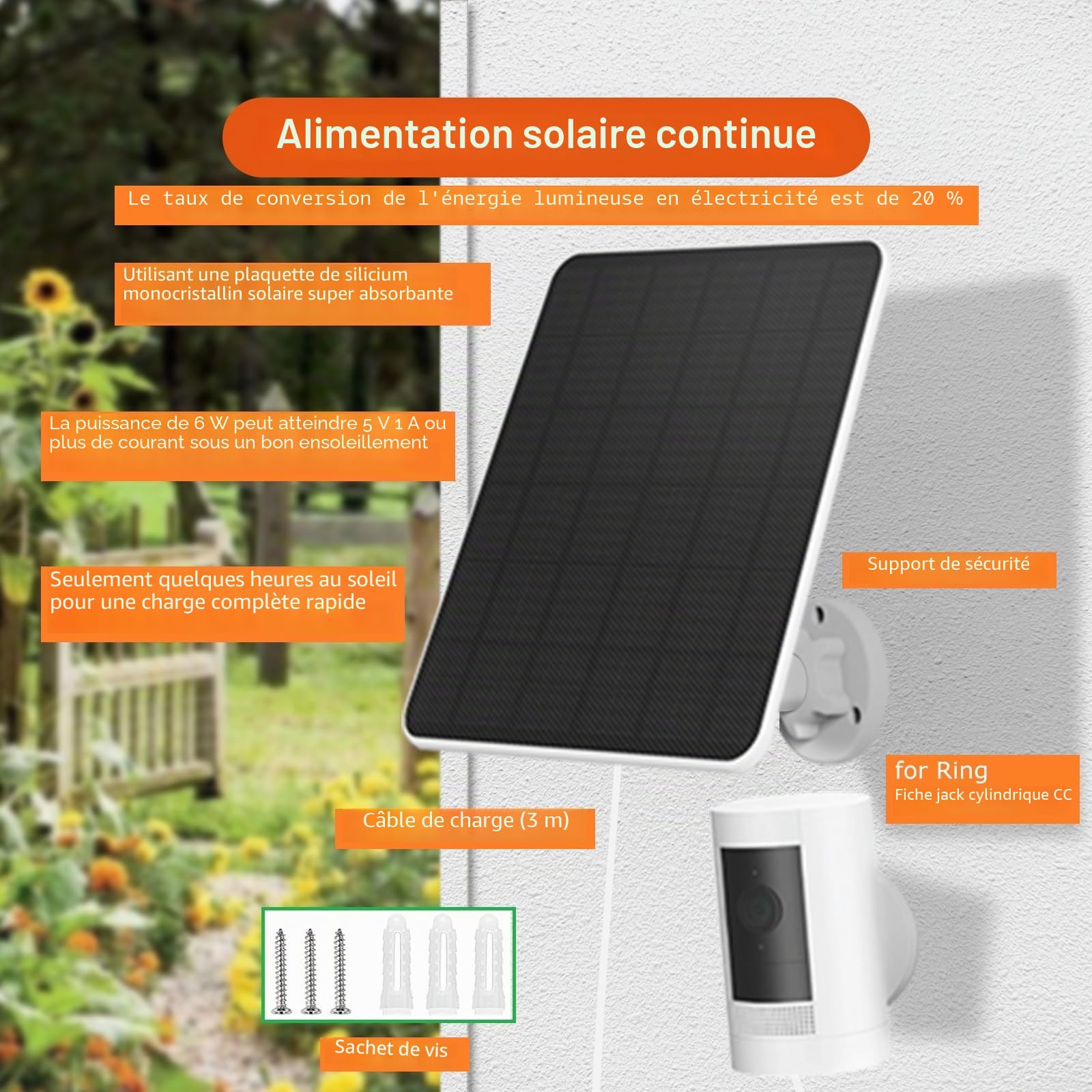 Panneau Solaire 6W pour Caméras Ring avec Câble de 3m (Lot de 2)
