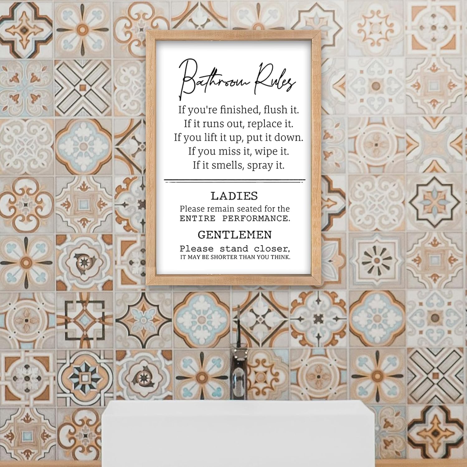 Bathroom Rules Wall Decor 16"×11" Restroom Toile Sign Humor Quotes for Bathroom Humorous Modren Restroom Wood Framed Wall Hanging Art (Wood）