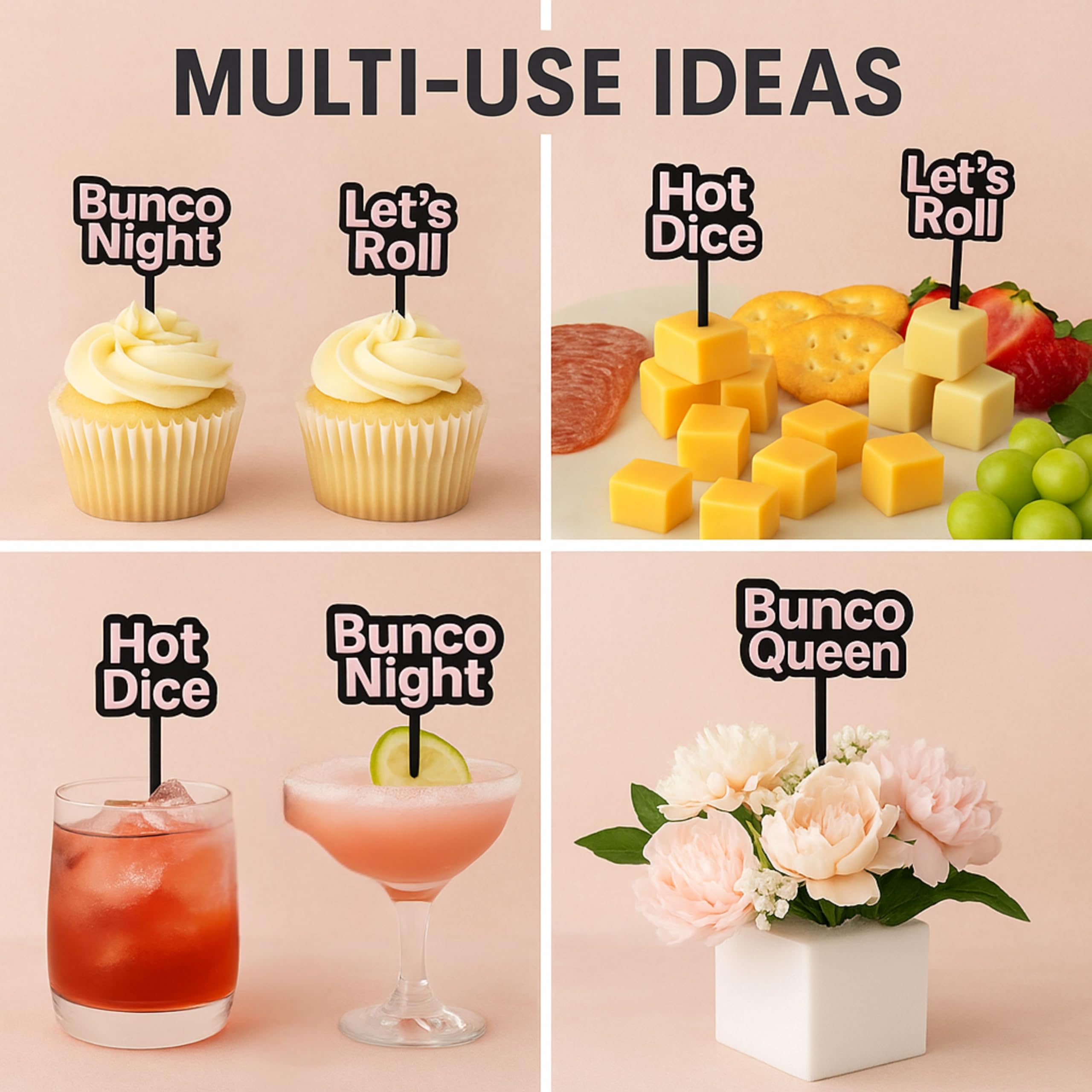 Bunco Cupcake Toppers – 8 Fun Bunco Sayings – Reusable Party Picks for Cupcakes & Snacks – Great Bunco Gift or Door Prize