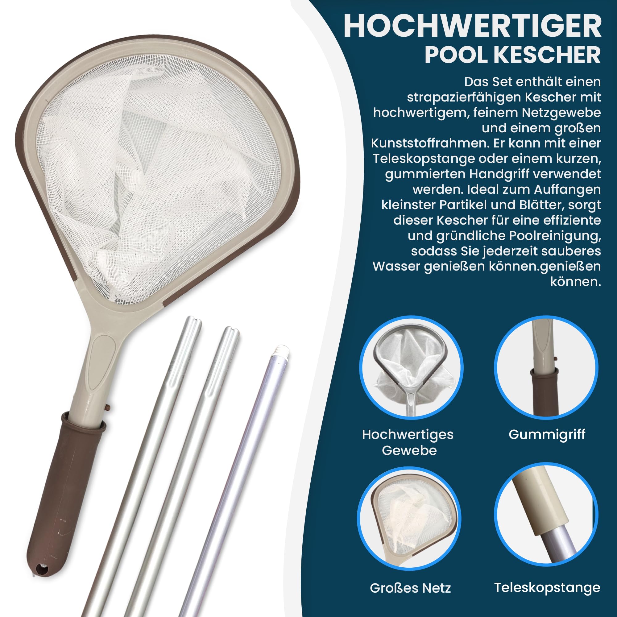 Sunik Spa Poolreinigungsset - Whirlpool Reiniger Set 3-teilig - Whirlpool Zubehör Wartungsset mit Teleskopstange, Kescher klein & Bürste - Whirlpool reinigungsset für Pools & Spa