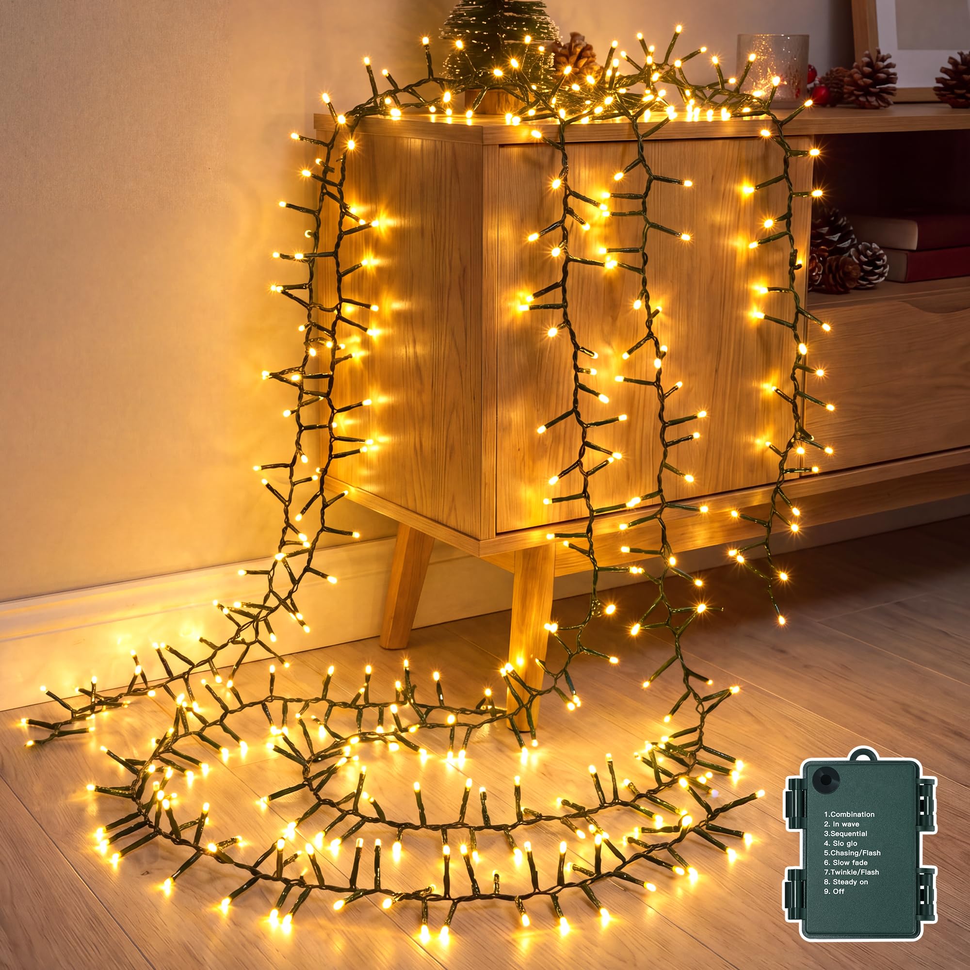 Hopexy 5M 200LED Cluster Lights Battery Powered Christmas Lights Warm White