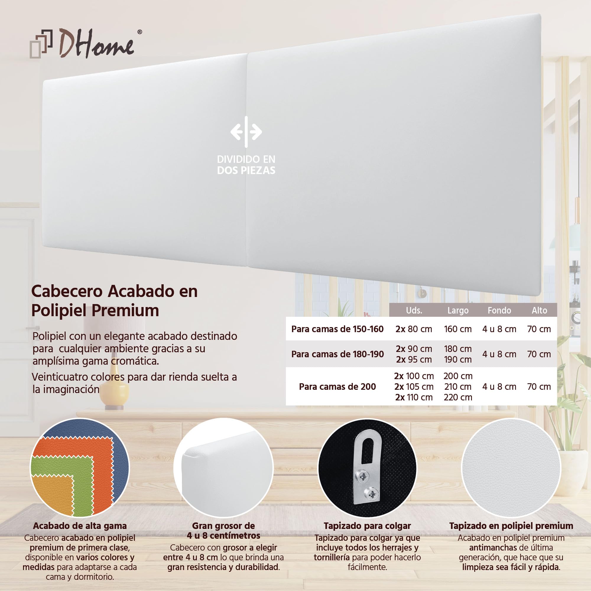DHOME Testiera Imbottita Liscia in Similpelle Altezza 70CM Spessore 4cm e 8cm per Parete Acustica Testate Letto Pannello Fonoassorbente Camera da Letto (Blanco, 180cm Dual, Spessore 8cm)