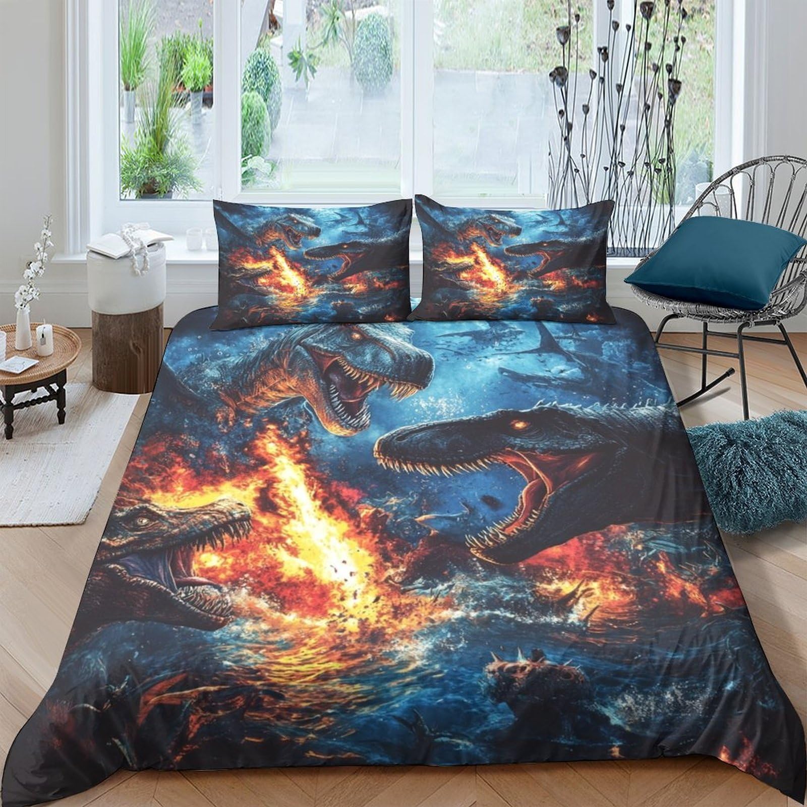 Ctjqhvkz Style-10 3D Printed Fiery Dinosaur Fitted Sheet Microfiber Soft Anti-Slip Volcano Bed Cover For Bedroom Dorm Mattress Protection Decor Single（135X200cm）