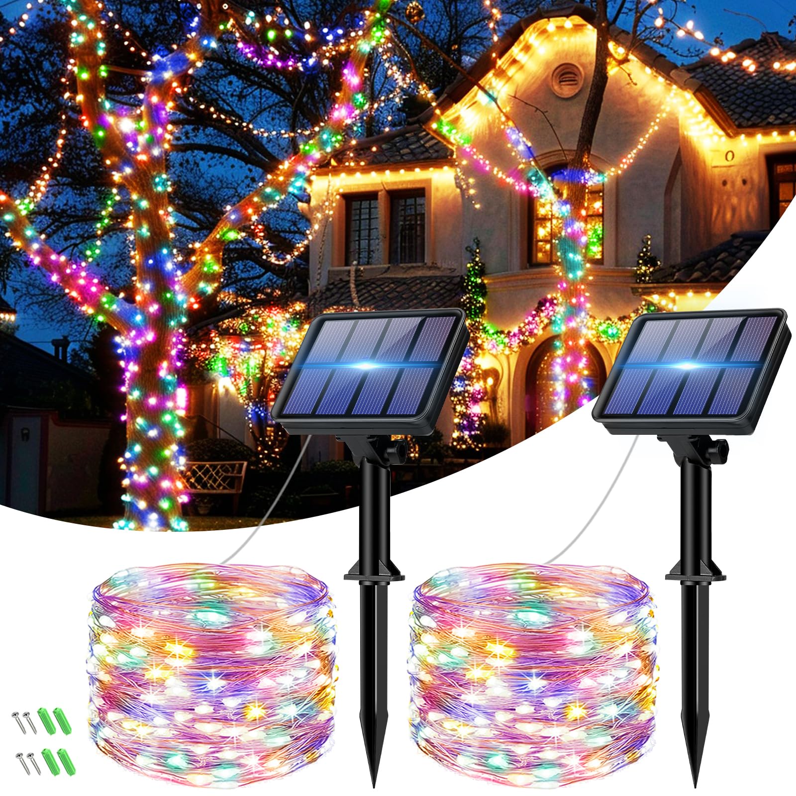 bitjam Solar Lichterkette Aussen, 2x6M 60LED Lichterkette Außen Solar Wetterfest, 8 Modi Kupferdraht Solarlichterkette Outdoor IP65 Wasserdicht für Garten Zaun Balkon Party Weihnachten, Bunt