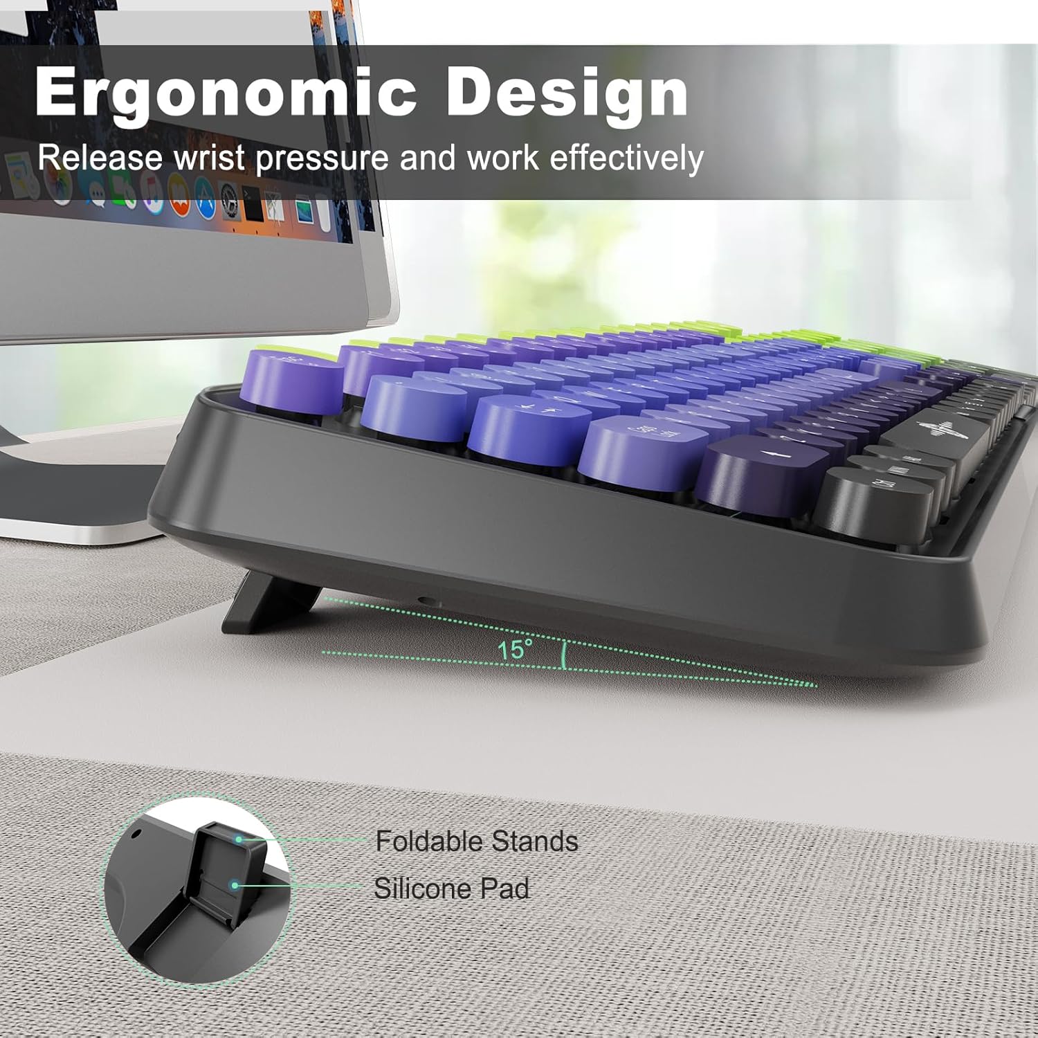 FD Wireless Keyboard and Mouse Combo | Cute Colorful Keyboard and Mouse with 2.4GHz Cordless Retro Typewriter Keyboard | Auto-Sleep | USB Receiver for Windows PC/Laptop - Black Purple Gradient - Image 6