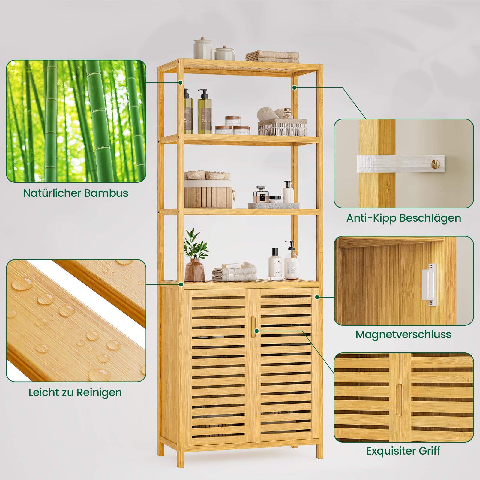 VIAGDO Armadietto da Bagno Alto in Bambù, 3 Scomparti Aperti e Armadietto, Portaoggetti Alto, Per Bagno, Corridoio, Cucina, Soggiorno