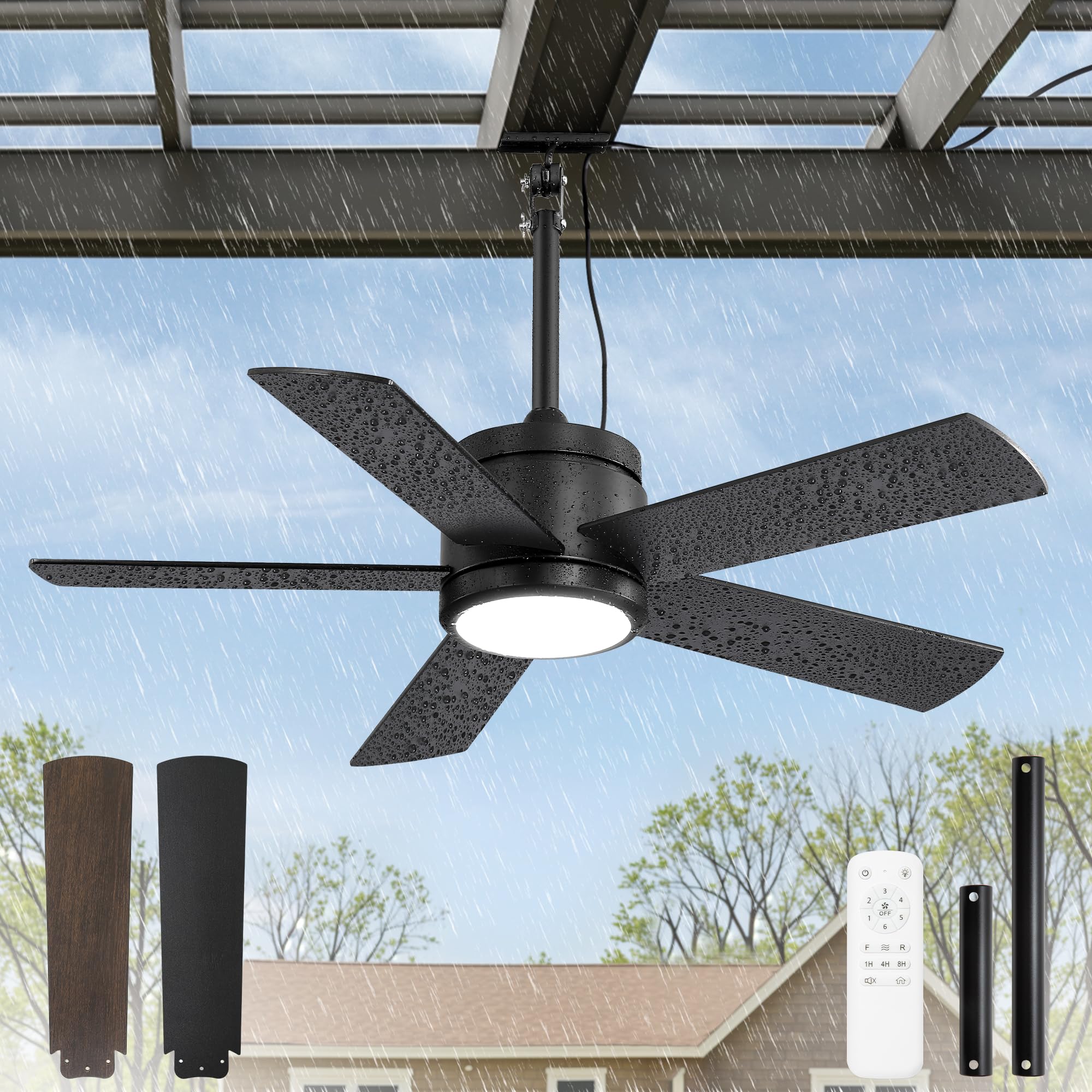 Photo 1 of 42 In Outdoor Ceiling Fan Hanging Fan Outdoor Ceiling Fans, Waterproof, with Light, Remote, 42 In, Wet Rated, IP65, 6 Speed, 3CCT, Plug in, for Patios, Porch, Gazebo, Black