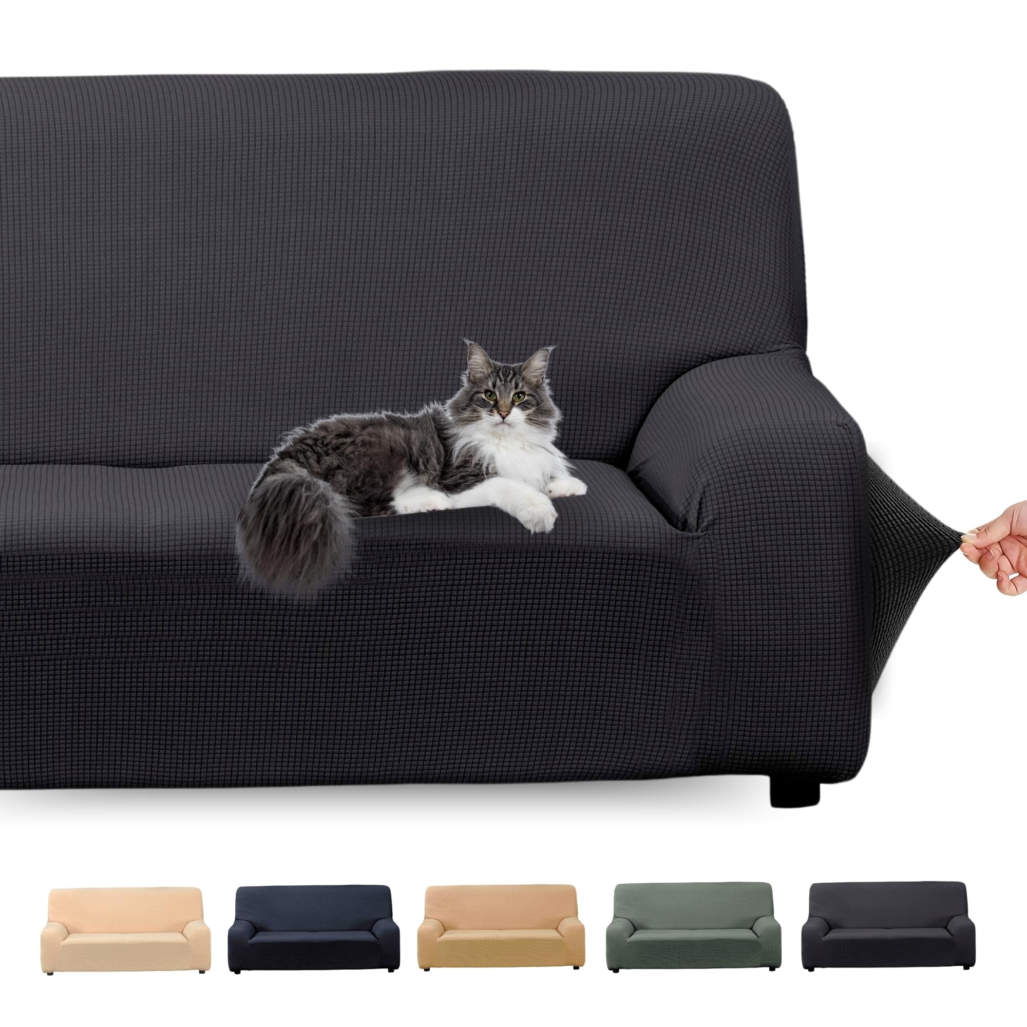 LAN&LAN - Funda Sofa, 3 plazas, Funda Sofá Elástico y Ajustable, Funda de Sofa Cómoda y Lavable, Cubre Sofá Que Previene Manchas de Niños y Pelos de Mascotas (Gris Oscuro)