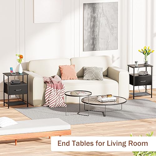 Miniatura 15 de Juego de 2 mesitas de noche con cajón, mesa auxiliar con valla de metal, mesa auxiliar de almacenamiento de 3 niveles con estante de malla, para