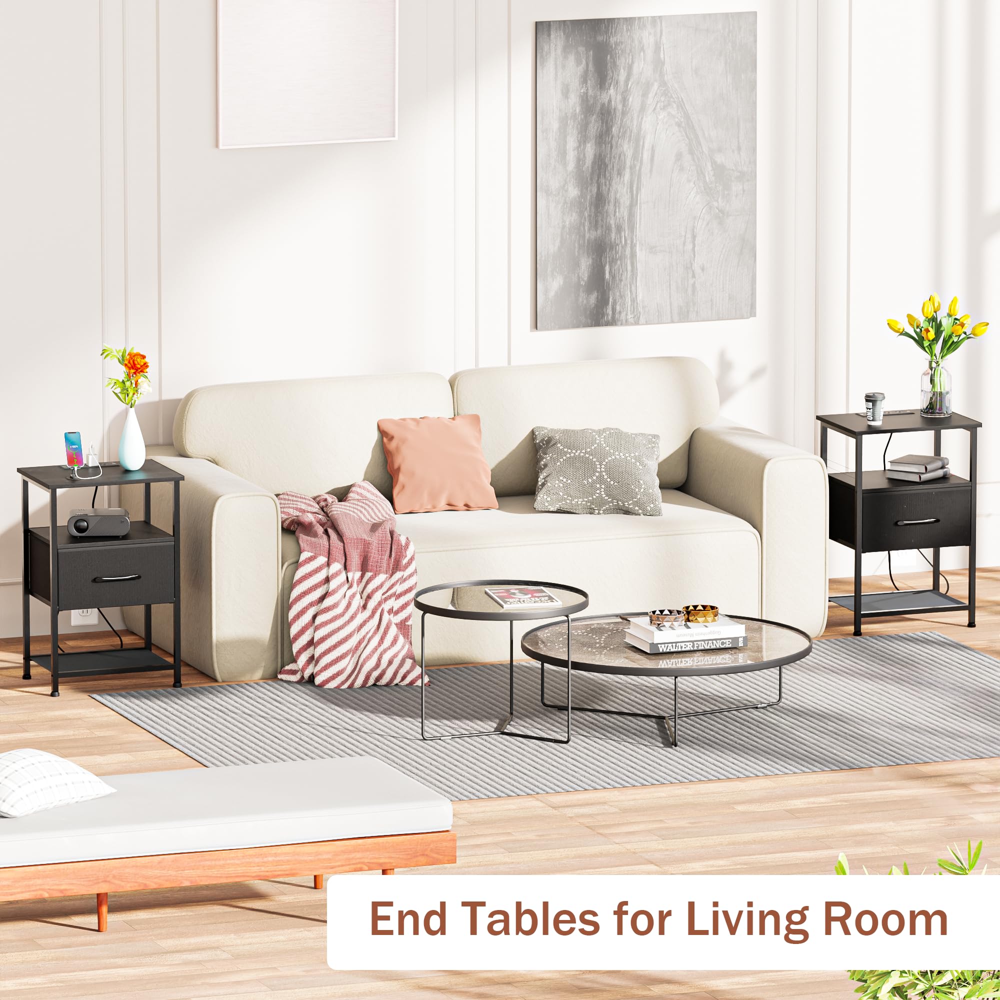 LAKEMID Nightstand with Charging Station and Drawer, End Table Bedside Table with 20 Colors LED Light Strip and 2 Layers Shelf for Bedroom Living Room Sofa Couch, Black