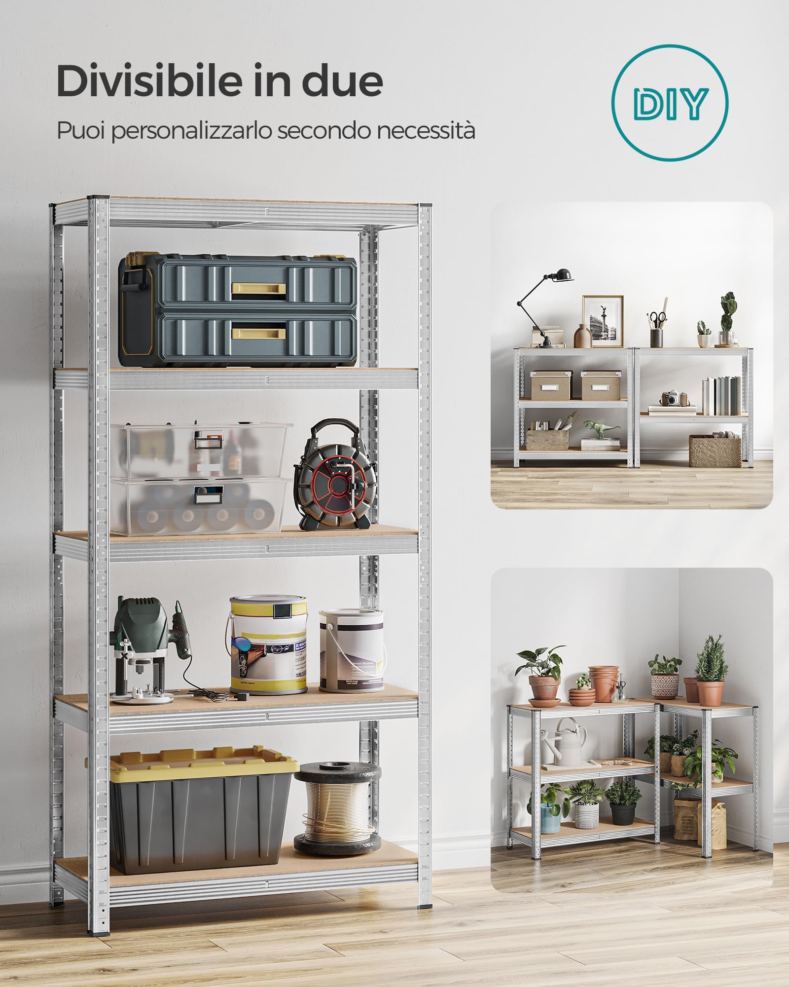 SONGMICS Set di 2 Scaffali in Metallo, Scaffalature a 5 Ripiani Regolabili, Senza Viti, Scaffale Salvaspazio per Garage, Magazzino, Portante 875 kg, 40 x 90 x 180 cm, Argento GLR040E02