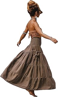 Thaluta Maxi Boho Skirt Long Pockets Cotton Hippie Bohemian Elastic Waist Gypsy Skirt