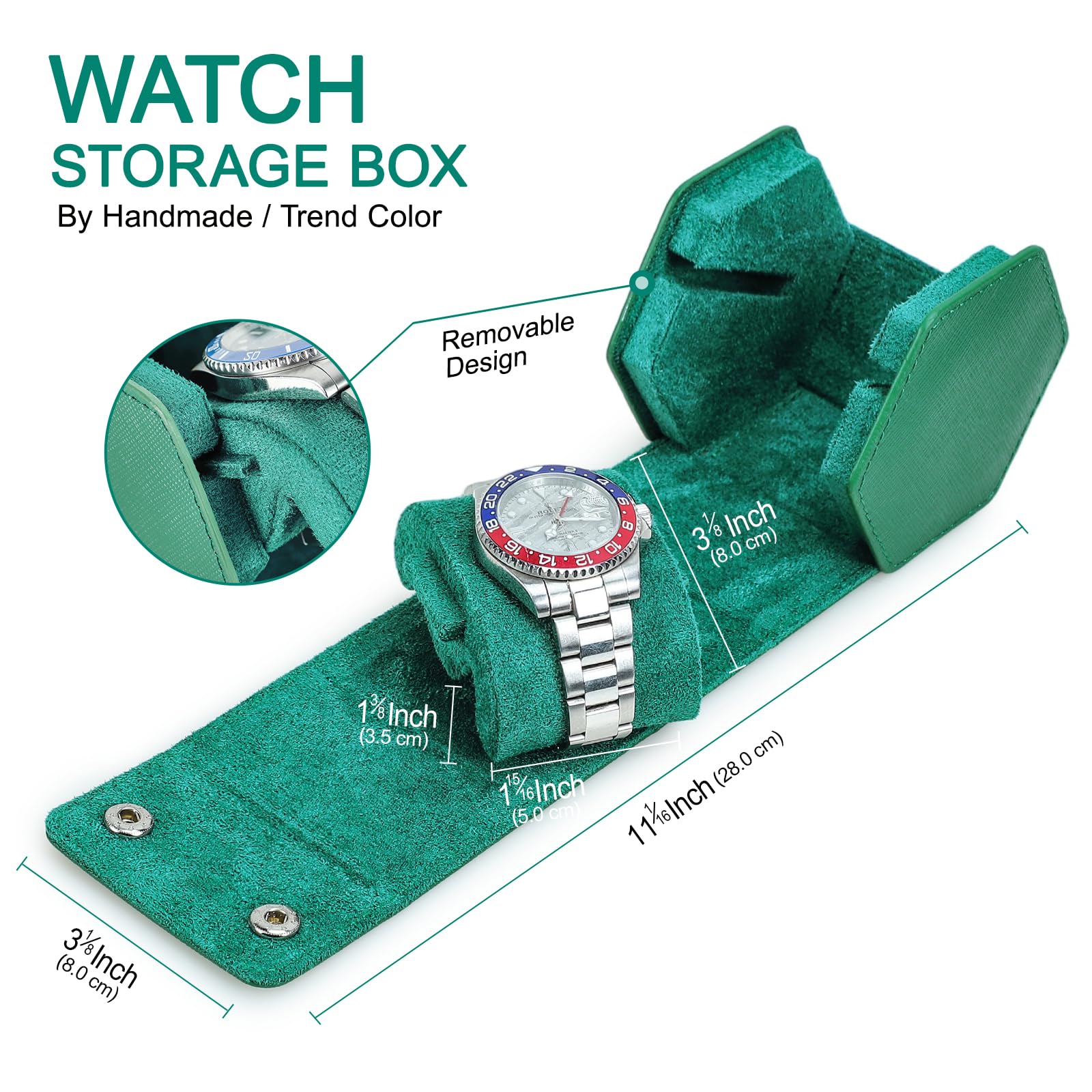 Hiram Étui de voyage en cuir Saffiano fait à la main pour montres et bracelets (vert)