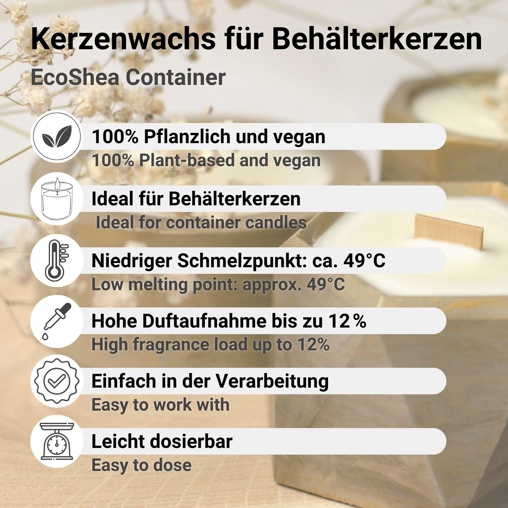 DistrEbution EcoShea Container Kerzenwachs 5kg – Natürliches Pflanzenwachs für Behälterkerzen