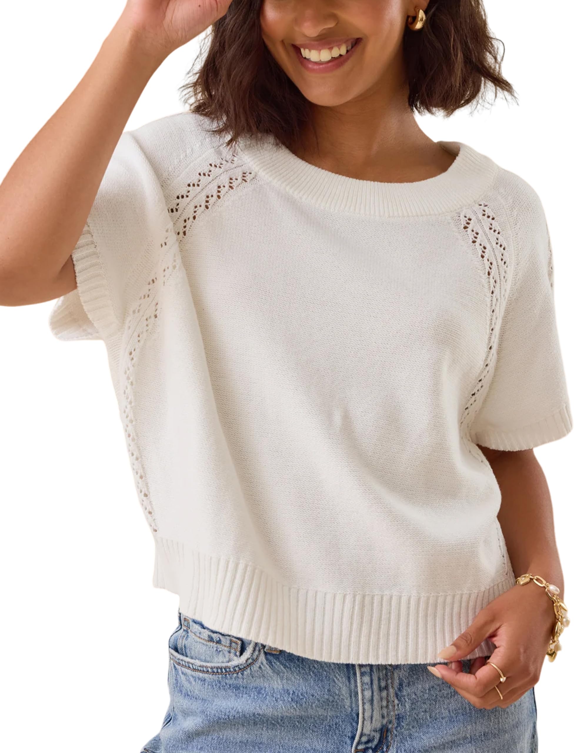 Yeokou Women Knit Crochet Top Crewneck Short Sleeve Boxy Pullover Loose Casual Summer Tee Shirt