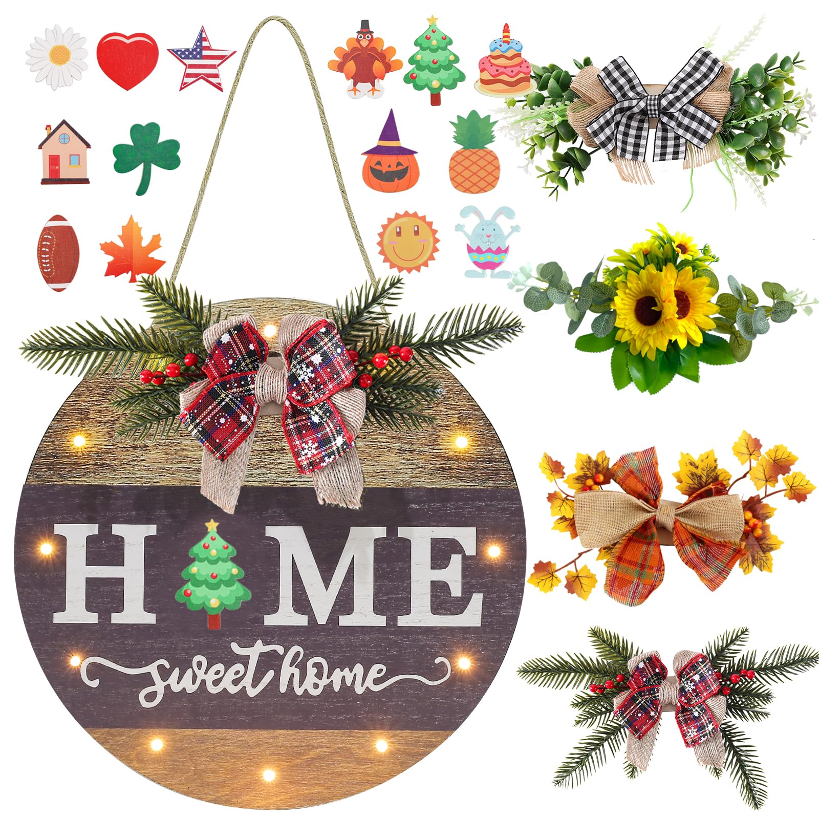 Interchangeable Seasonal Welcome Sign Front Door Decoration with 4 Seasonal Wreaths and LED Light, Rustic Round Wood Wreaths Wall Hanging Outdoor, Farmhouse Front Door Decoration Home Décor