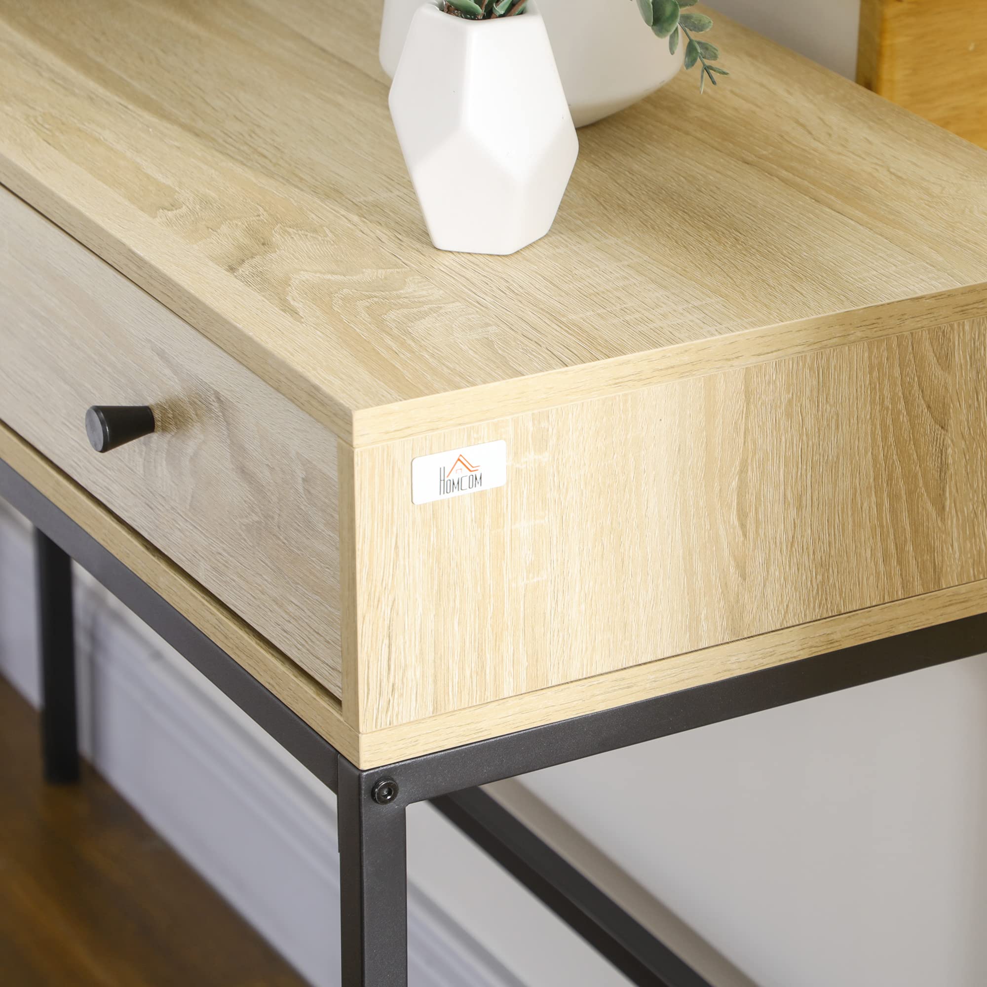 HOMCOM Table Console Table d'entrée Bout de canapé Structure en Acier 3 tiroirs Effet Bois Style Industriel 120 x 39,8 x 78 cm Naturel Noir